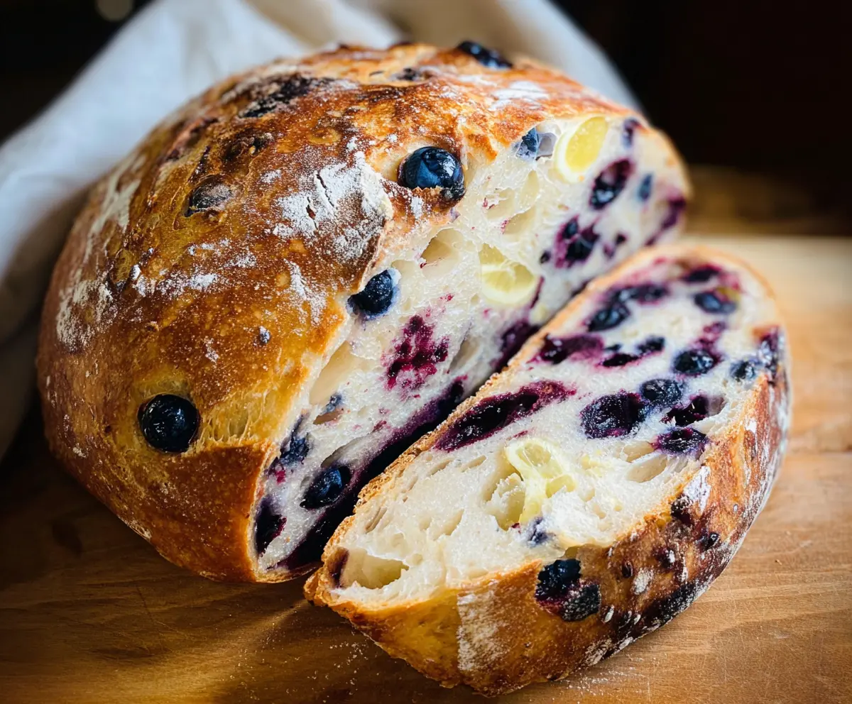 Freshly baked Lemon Blueberry Sourdough Bread sliced on a wooden board, showcasing a golden crust with blueberries and lemon zest.