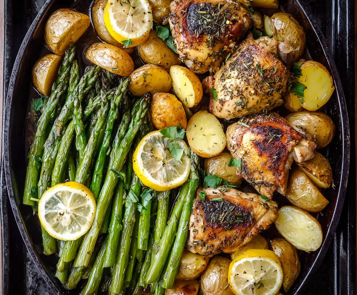 Juicy lemon herb chicken thighs served with fresh asparagus and roasted baby potatoes on a white plate