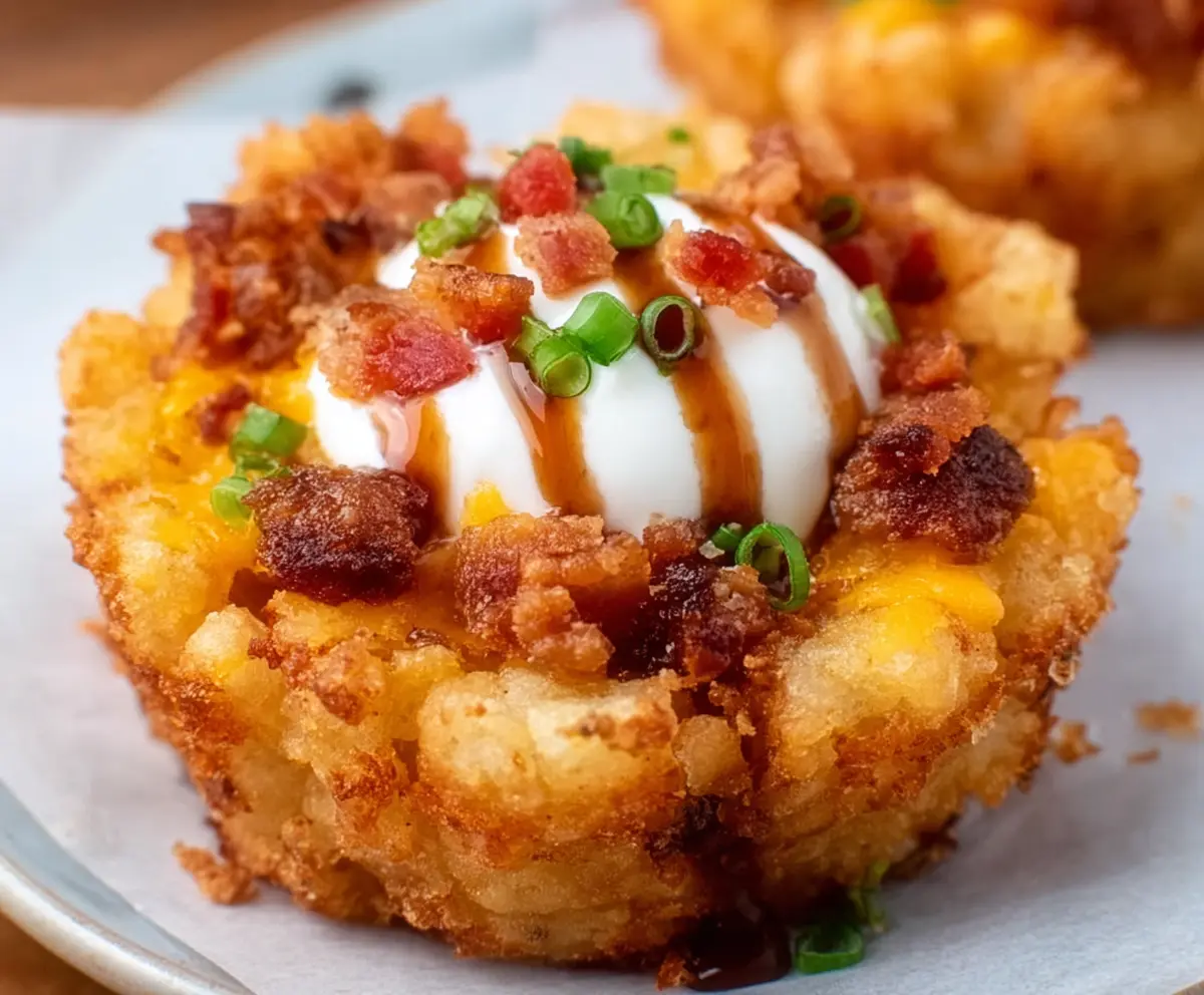 Delicious loaded tater tot cup with melted cheese, crispy bacon, and fresh herbs.