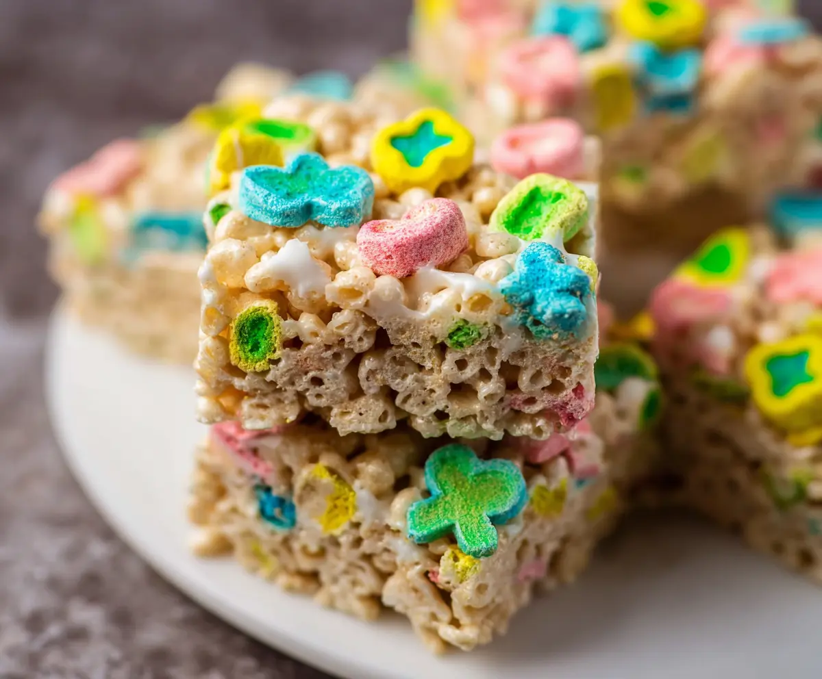 Colorful Lucky Charms Rice Krispie Treats with marshmallows and cereal, arranged on a serving plate for a fun dessert.