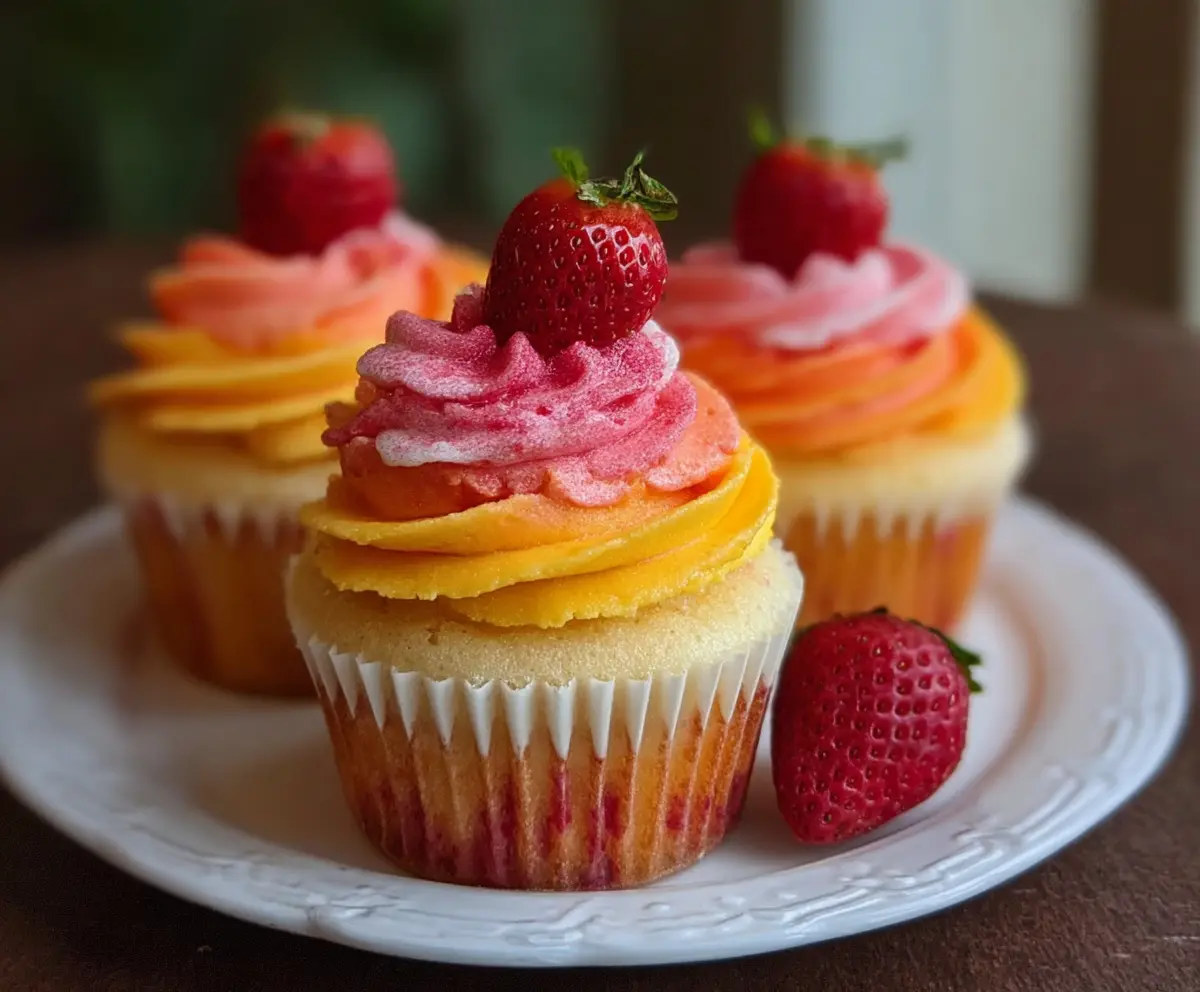 Colorful Mango Strawberry Sunset Cupcakes topped with fresh fruit and vibrant icing, perfect for summer desserts.