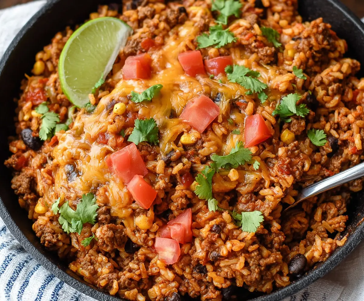Delicious Mexican Beef and Rice Skillet served with fresh ingredients and vibrant spices.