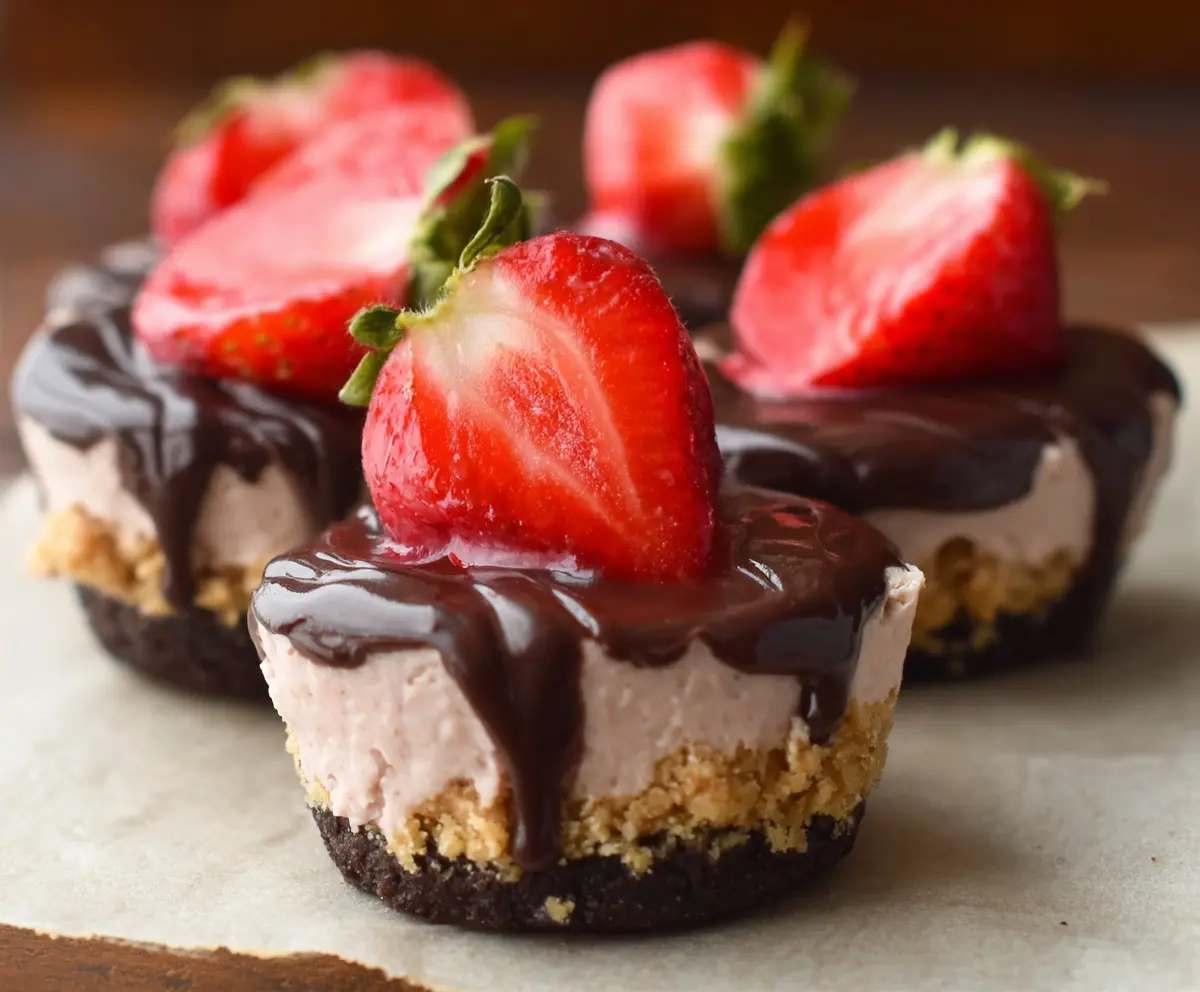 No-bake chocolate covered strawberry cheesecake cups with fresh strawberries and creamy cheesecake filling.