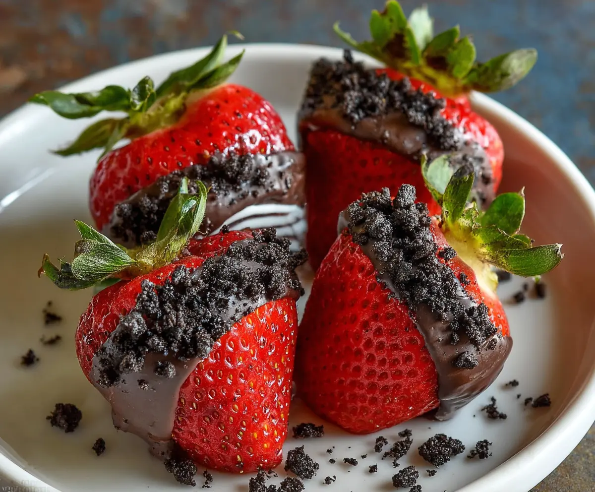 Delicious strawberries stuffed with Oreo truffles, perfect for a sweet dessert treat.