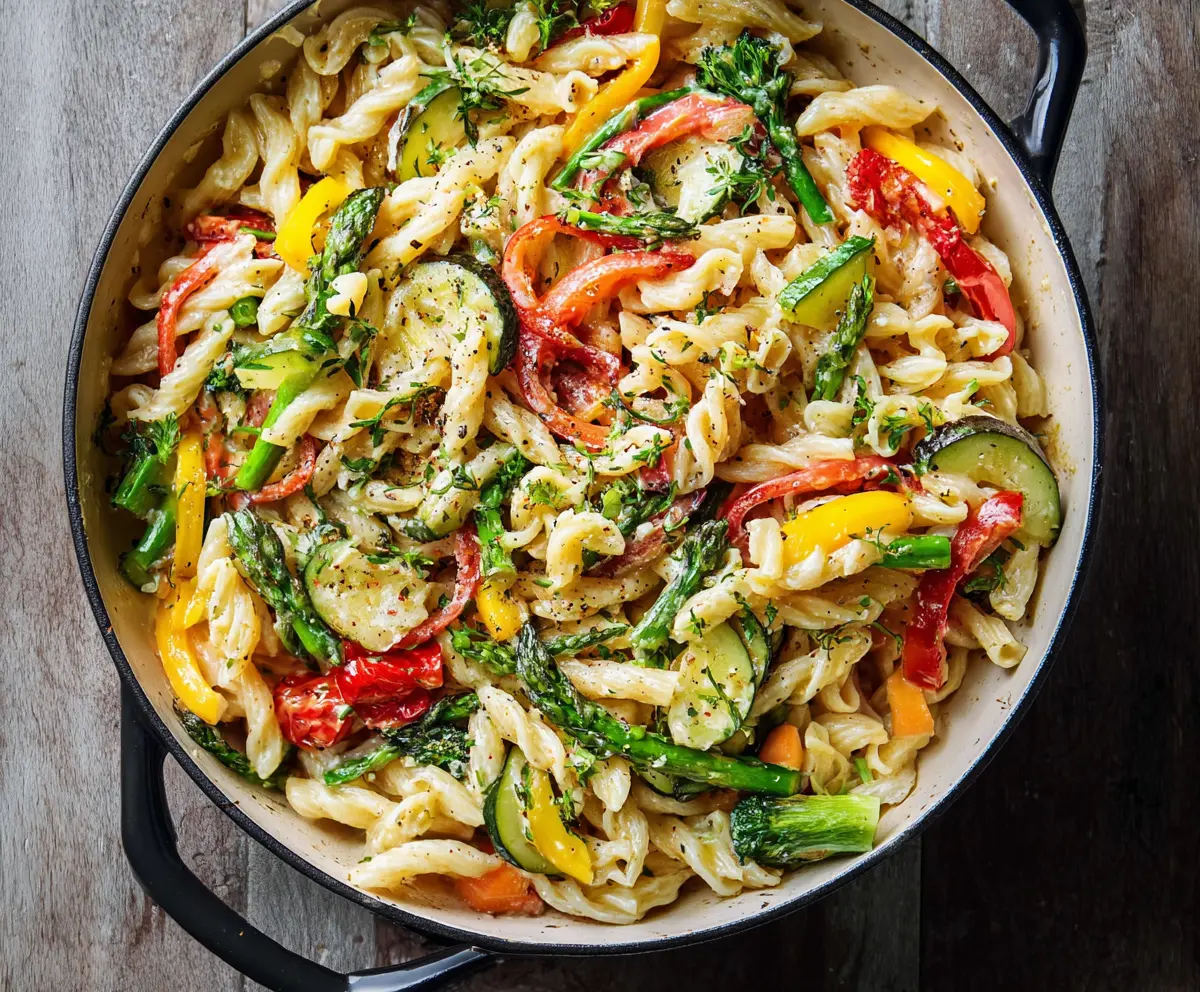 Colorful Pasta Primavera with fresh vegetables and herbs on a white plate