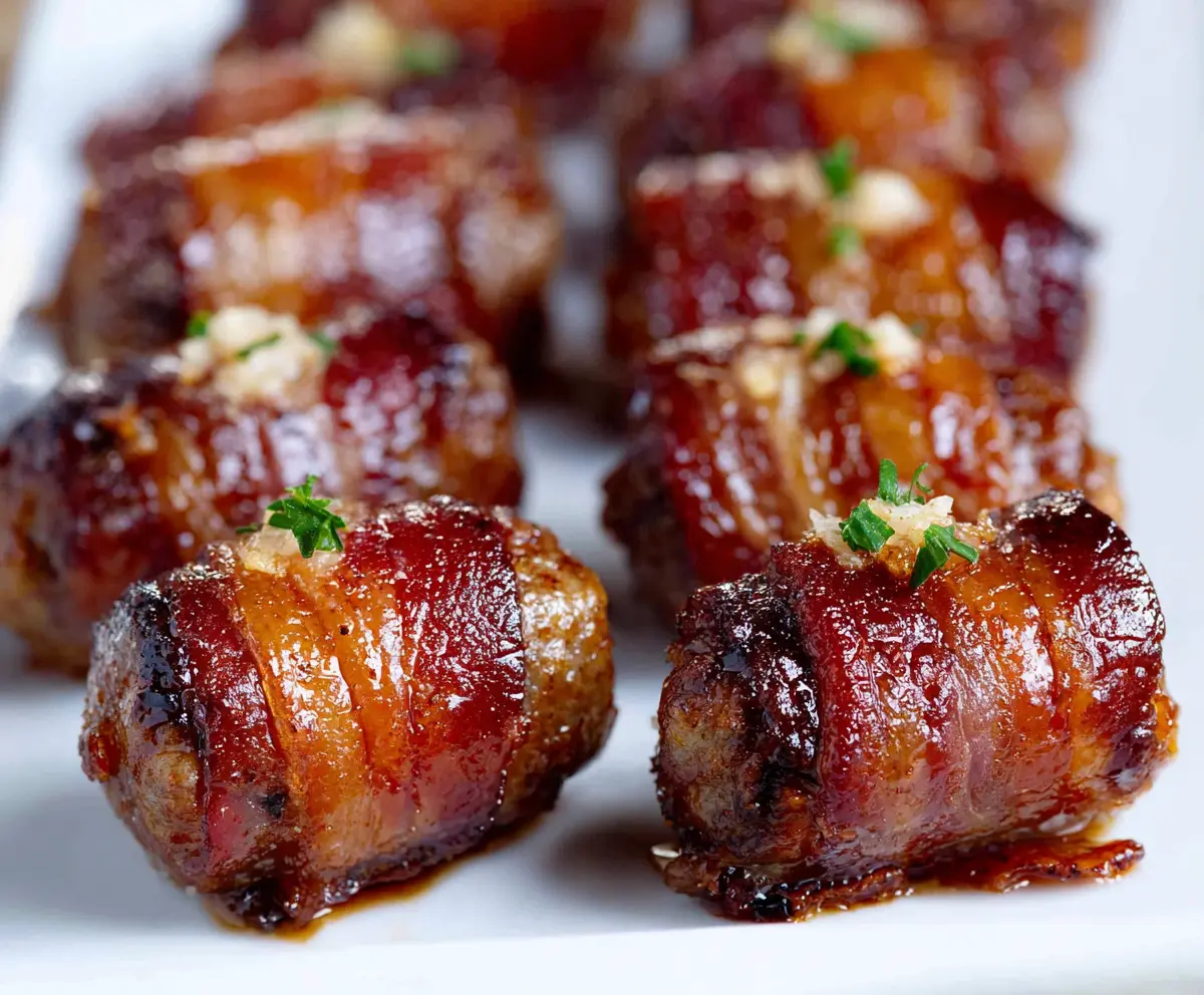 Succulent pig shot appetizers with crispy bacon and spicy sausage filling on a rustic platter.