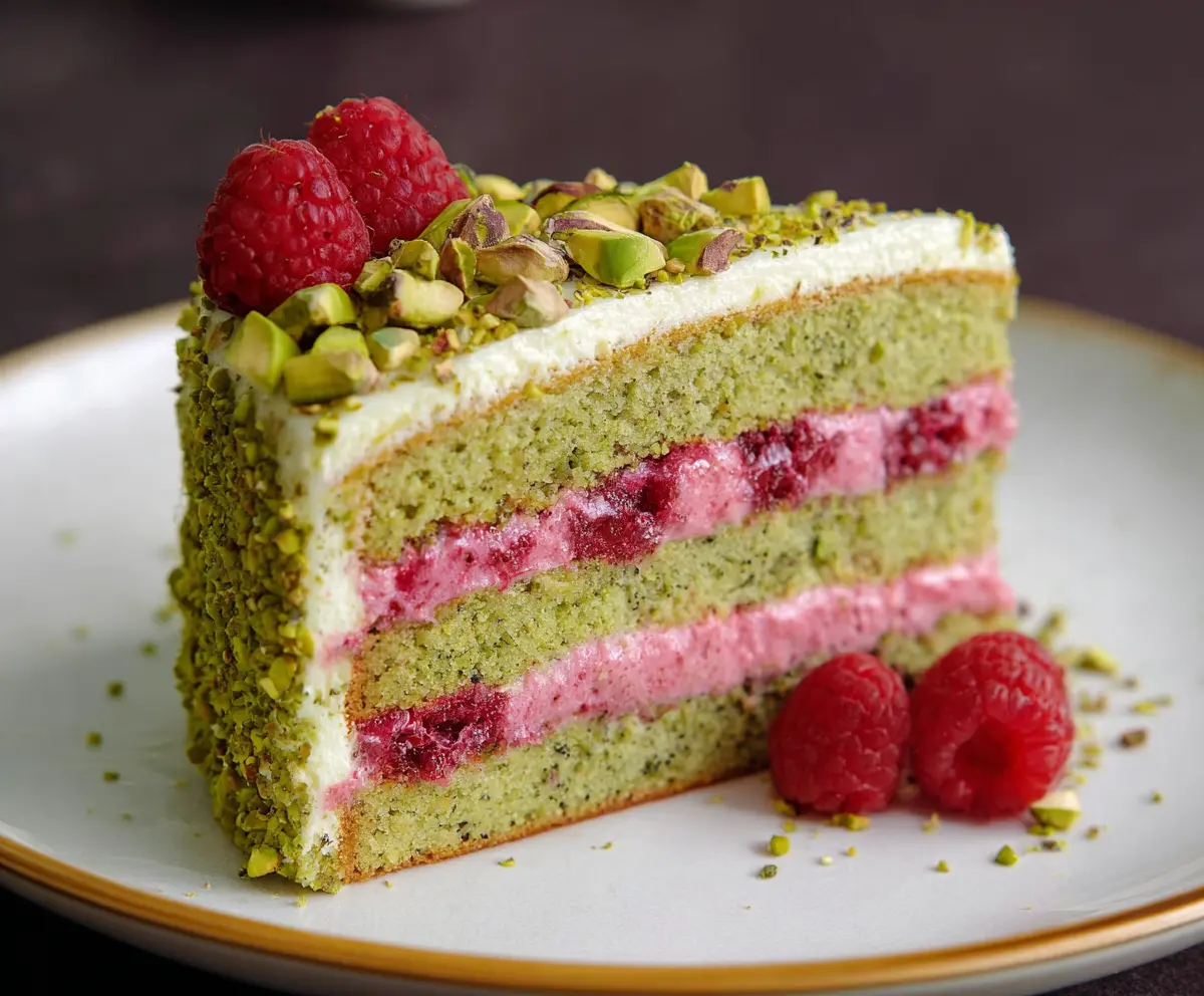Delicious Pistachio Raspberry Cake garnished with fresh raspberries and chopped pistachios for a vibrant dessert.
