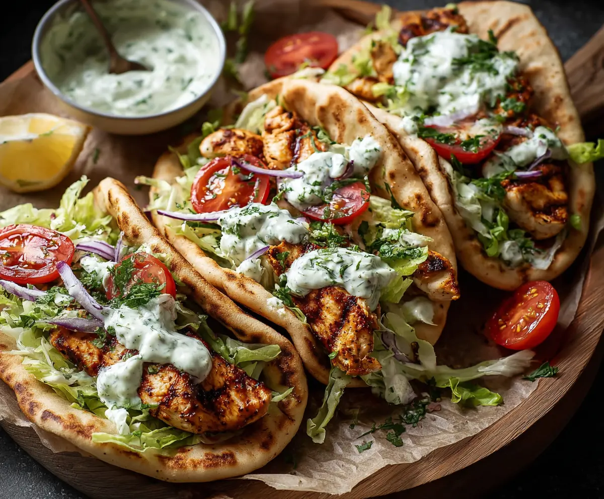 Delicious sheet pan chicken pitas topped with fresh herbs and herby ranch dressing.