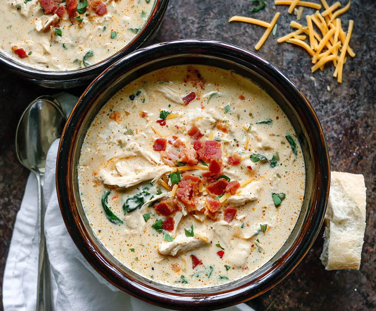 Delicious creamy crack chicken soup cooking in a slow cooker, perfect for cozy meals.