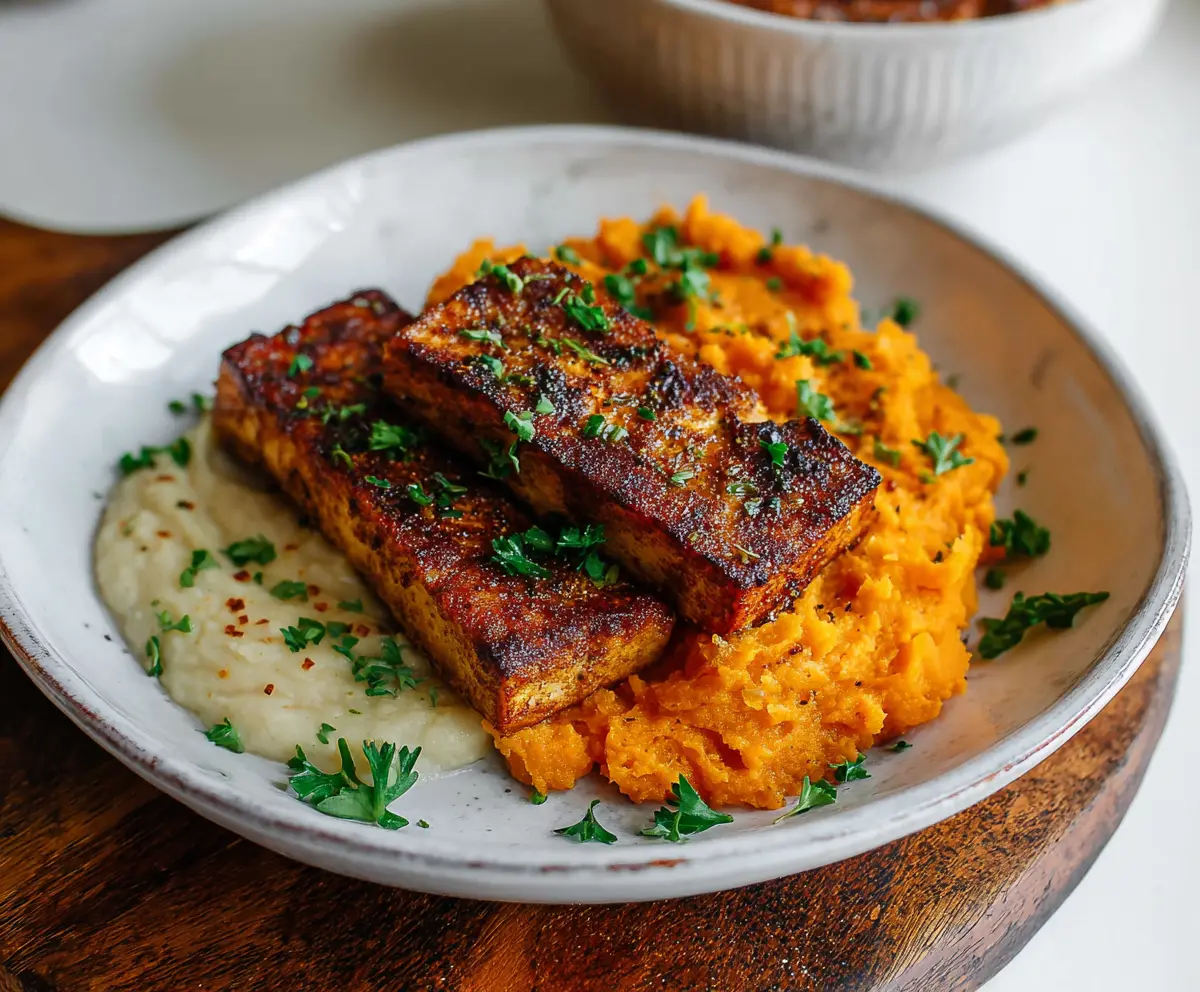 Delicious smoky tofu steak served with creamy mashed sweet potatoes on a plate.