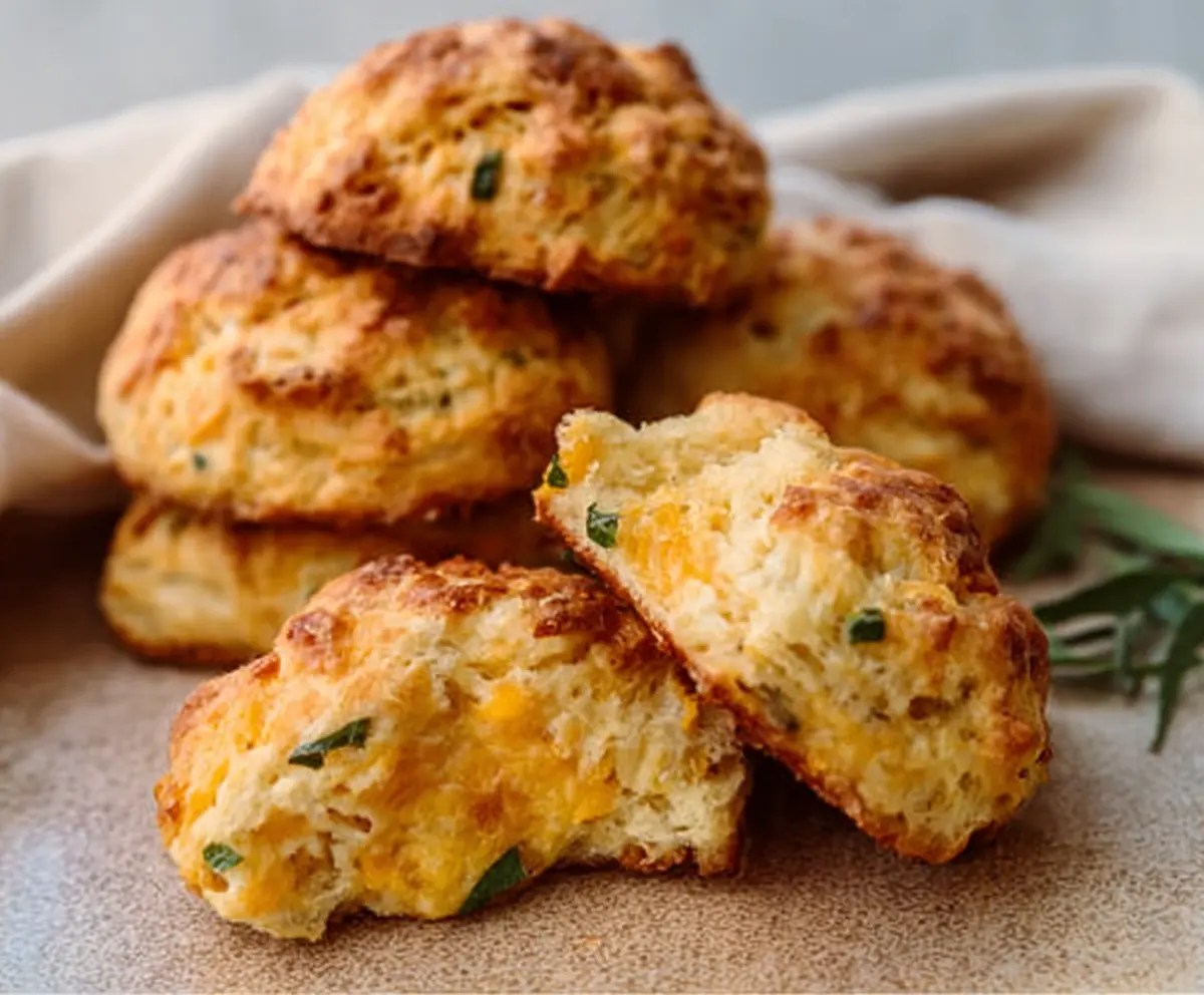 Delicious homemade sourdough discard savory cheddar biscuits on a rustic plate.