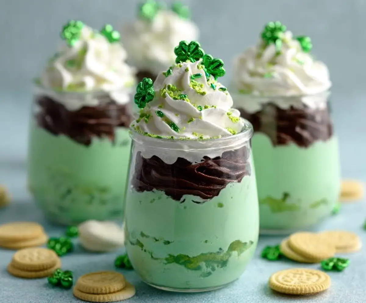 Delicious green shake pudding cups with festive St. Patrick's Day decorations and whipped cream topping.