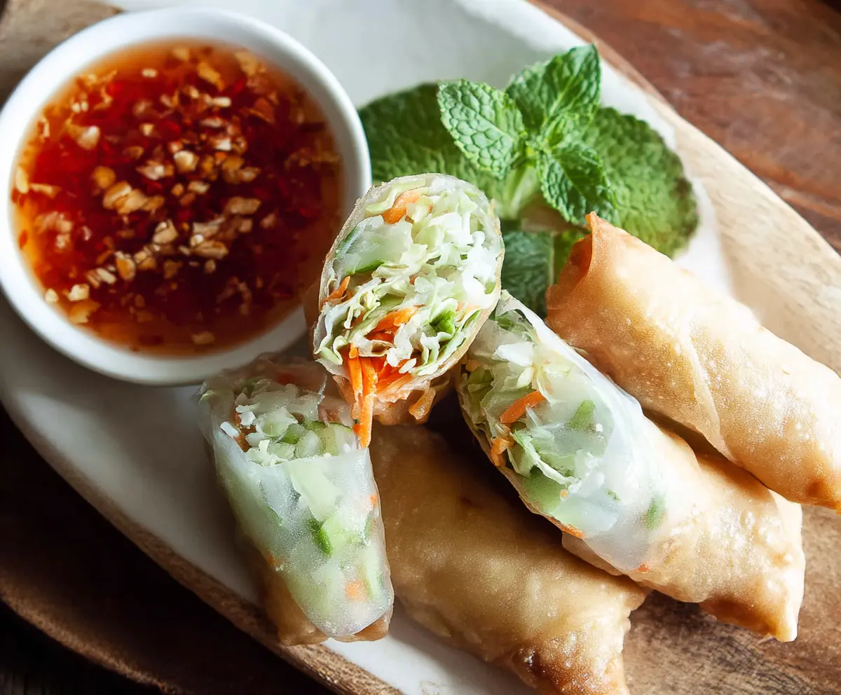 Fresh Thai spring rolls filled with vegetables and herbs, served with sweet chili sauce