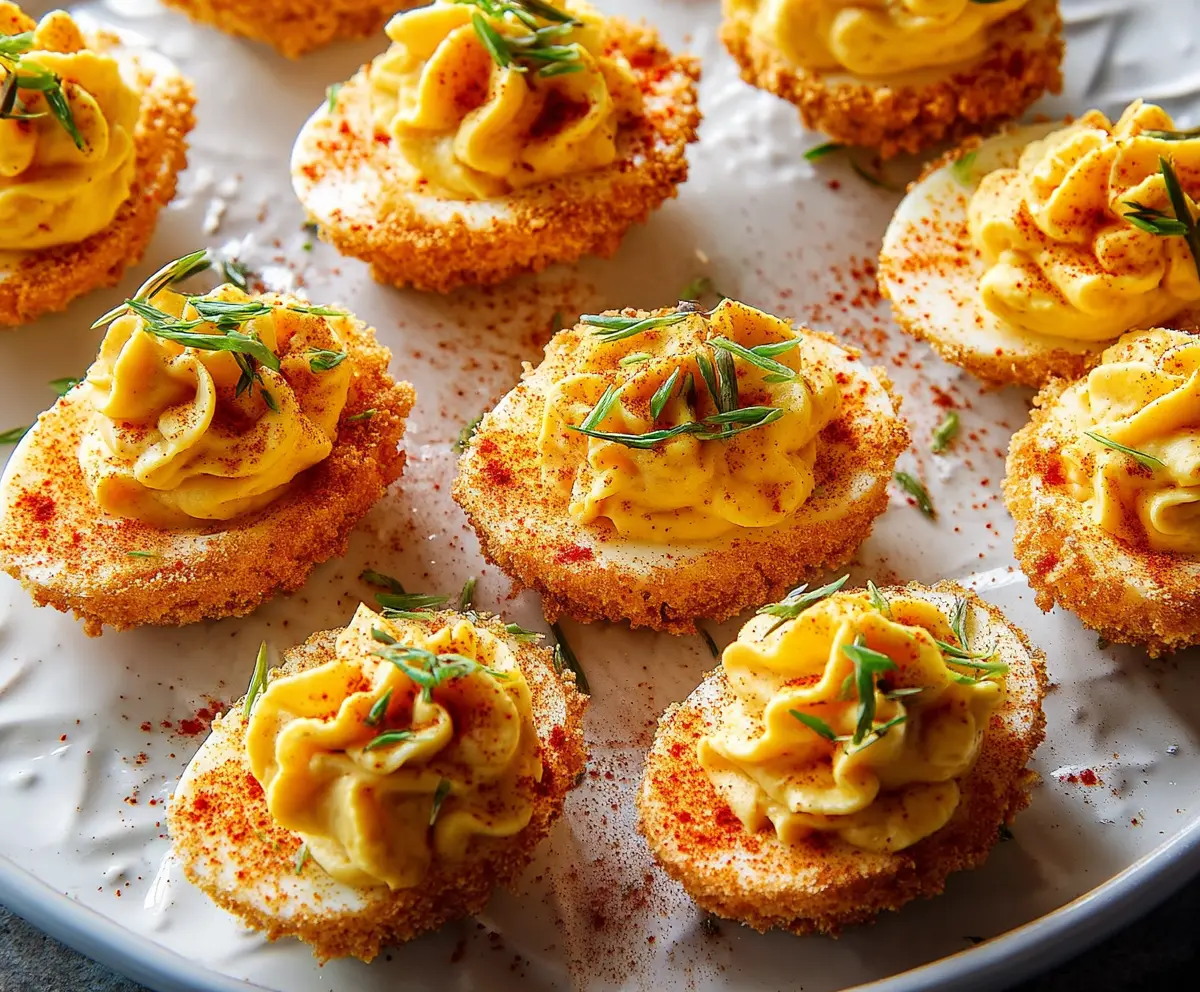 Delicious Air Fryer Deviled Eggs on a platter ready to serve.