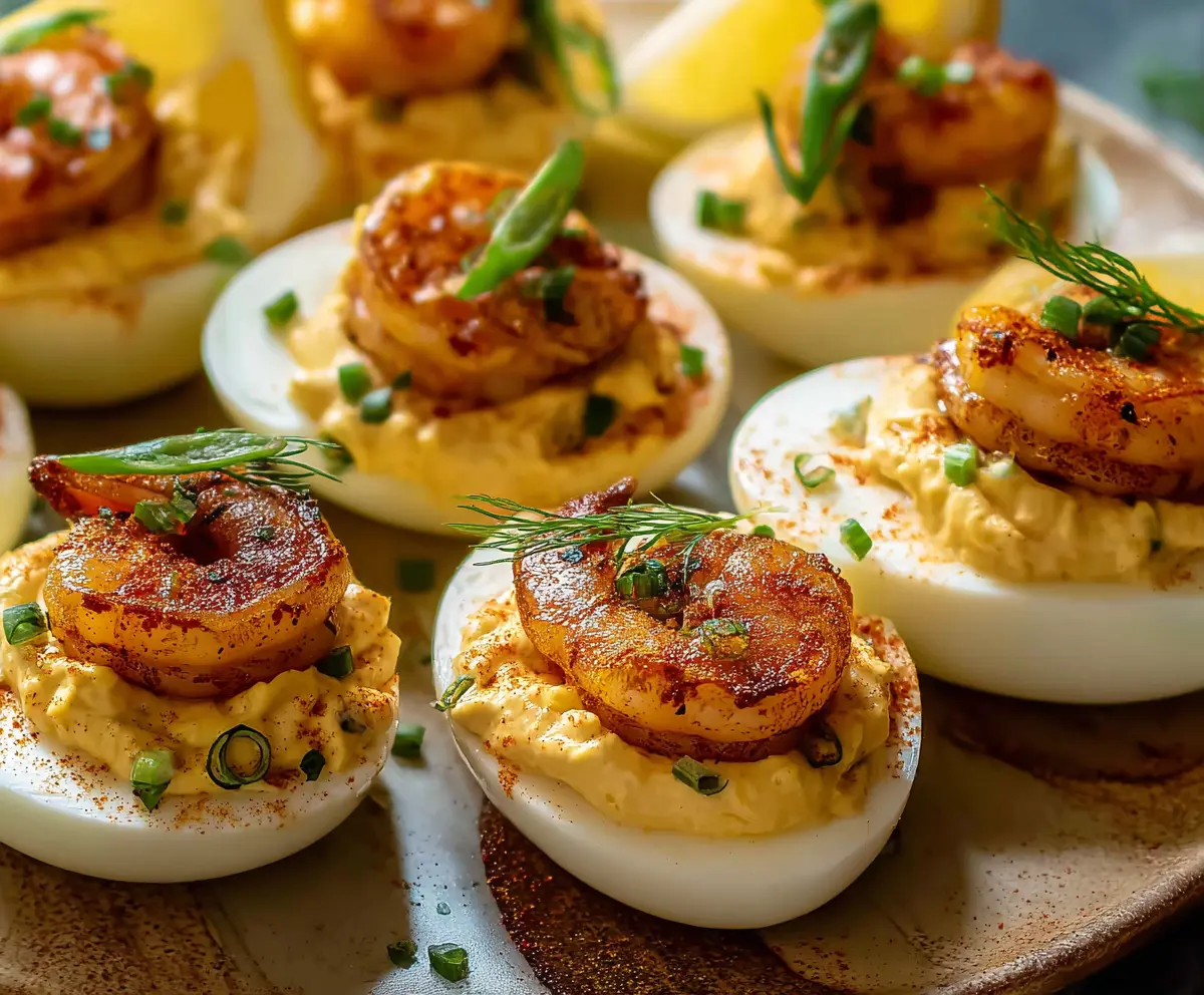 Delicious Cajun Shrimp Deviled Eggs featuring spicy seasoned shrimp and creamy egg filling.