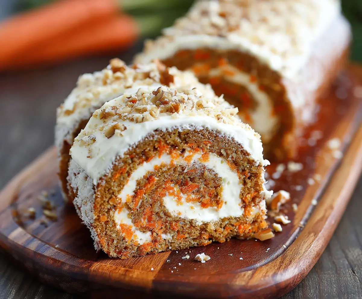 Delicious homemade carrot cake roll with creamy frosting and shredded carrots on top.