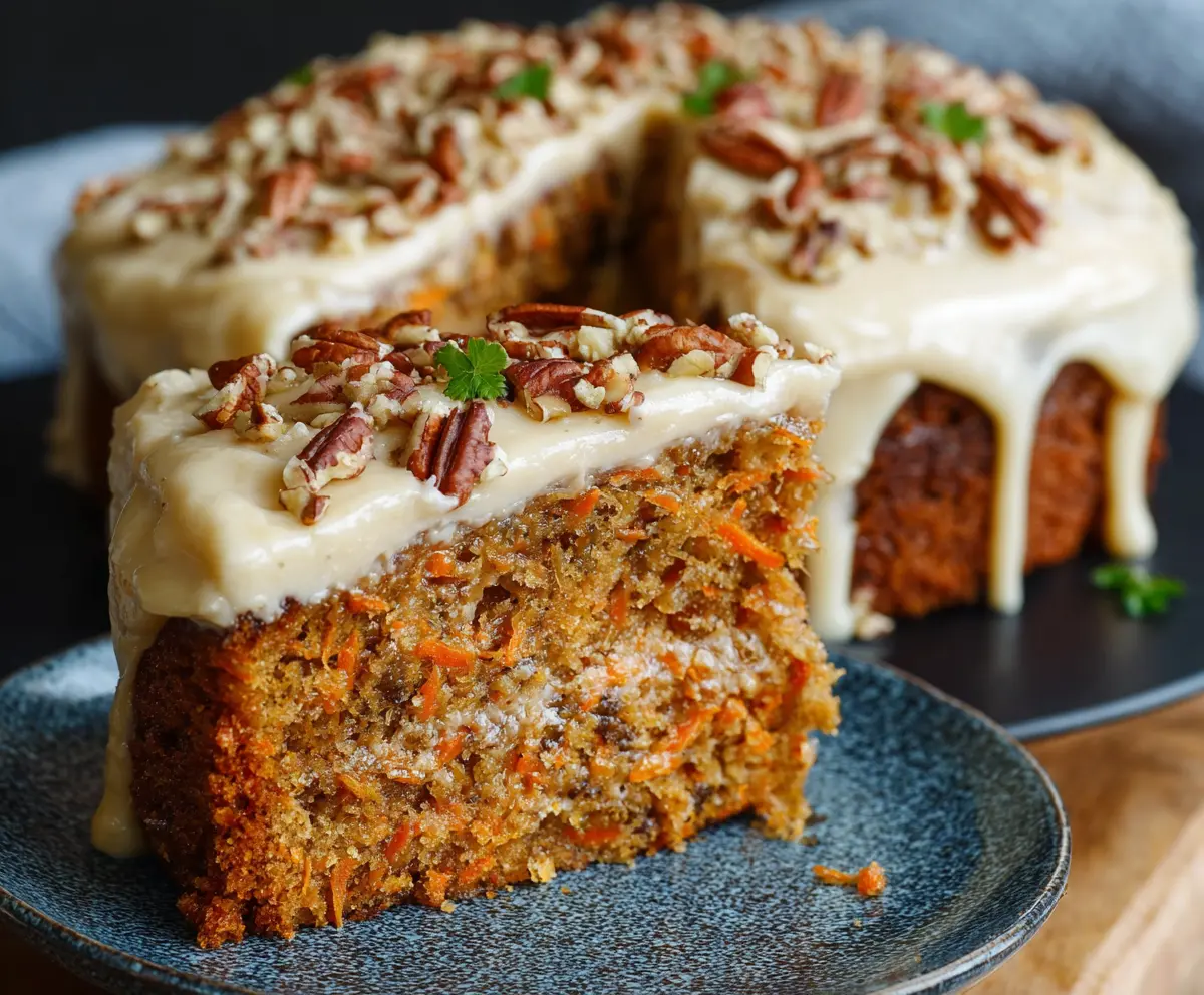 Delicious homemade carrot cake topped with creamy cream cheese frosting, perfect for dessert or special occasions.