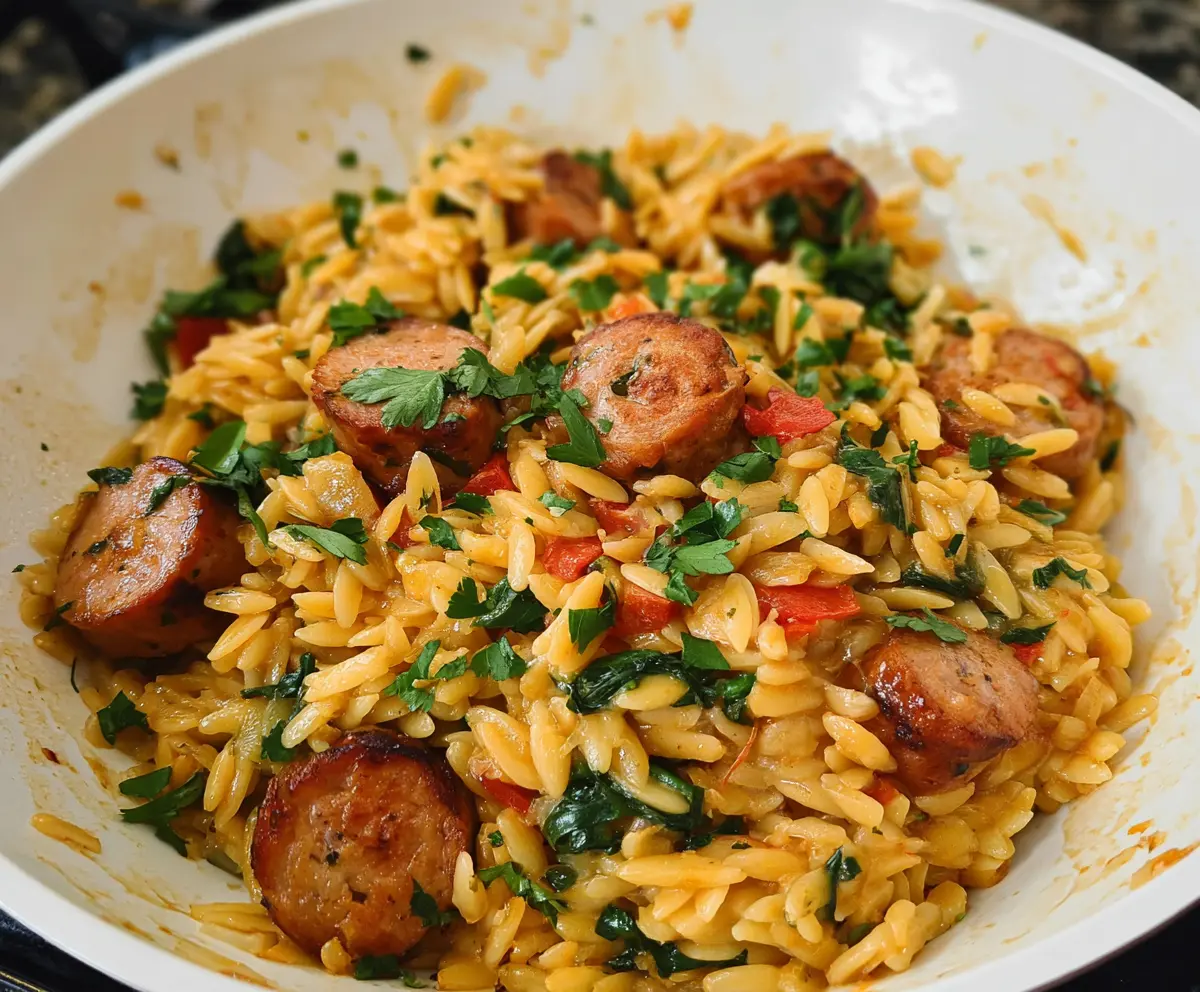 Delicious chicken sausage orzo pasta dish served in a bowl, garnished with herbs