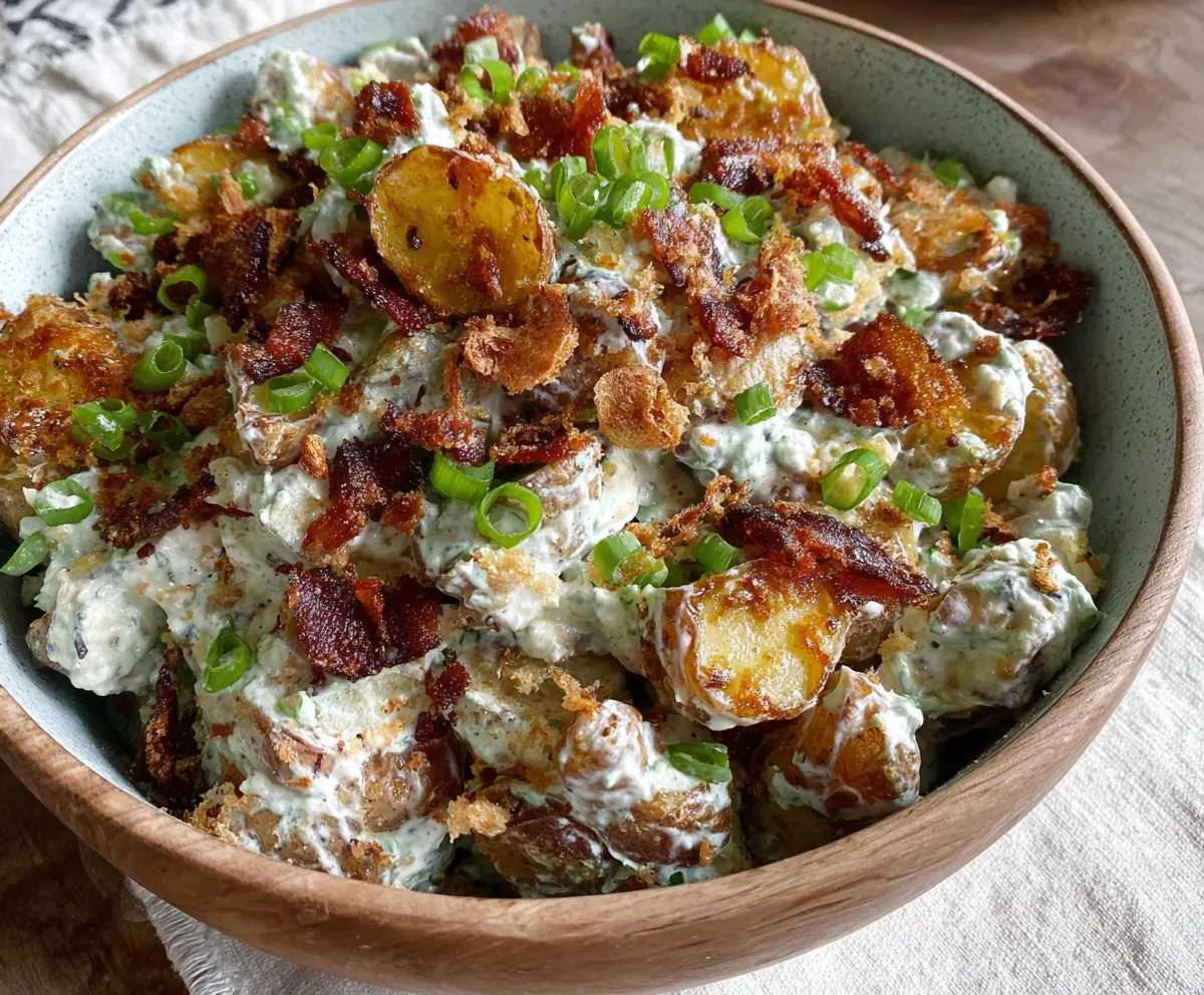Crispy smashed potato salad garnished with herbs and served in a bowl.