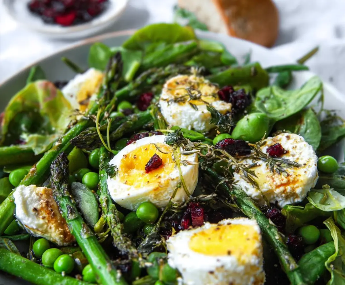 Colorful Easter Spring Salad with Goat Cheese, fresh vegetables and vibrant ingredients.