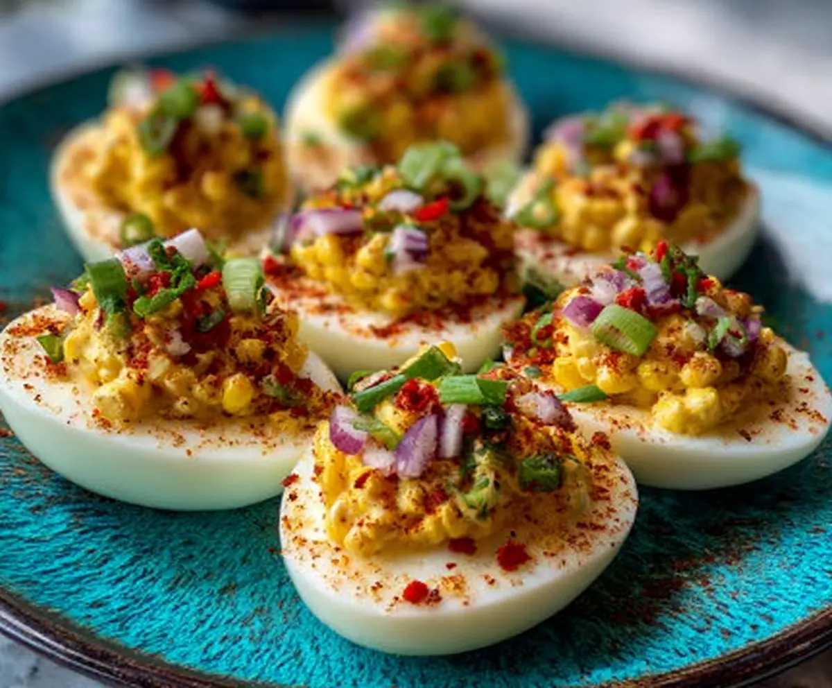 Delicious Elote Deviled Eggs topped with spicy seasonings and served with festive Fiesta Delights.