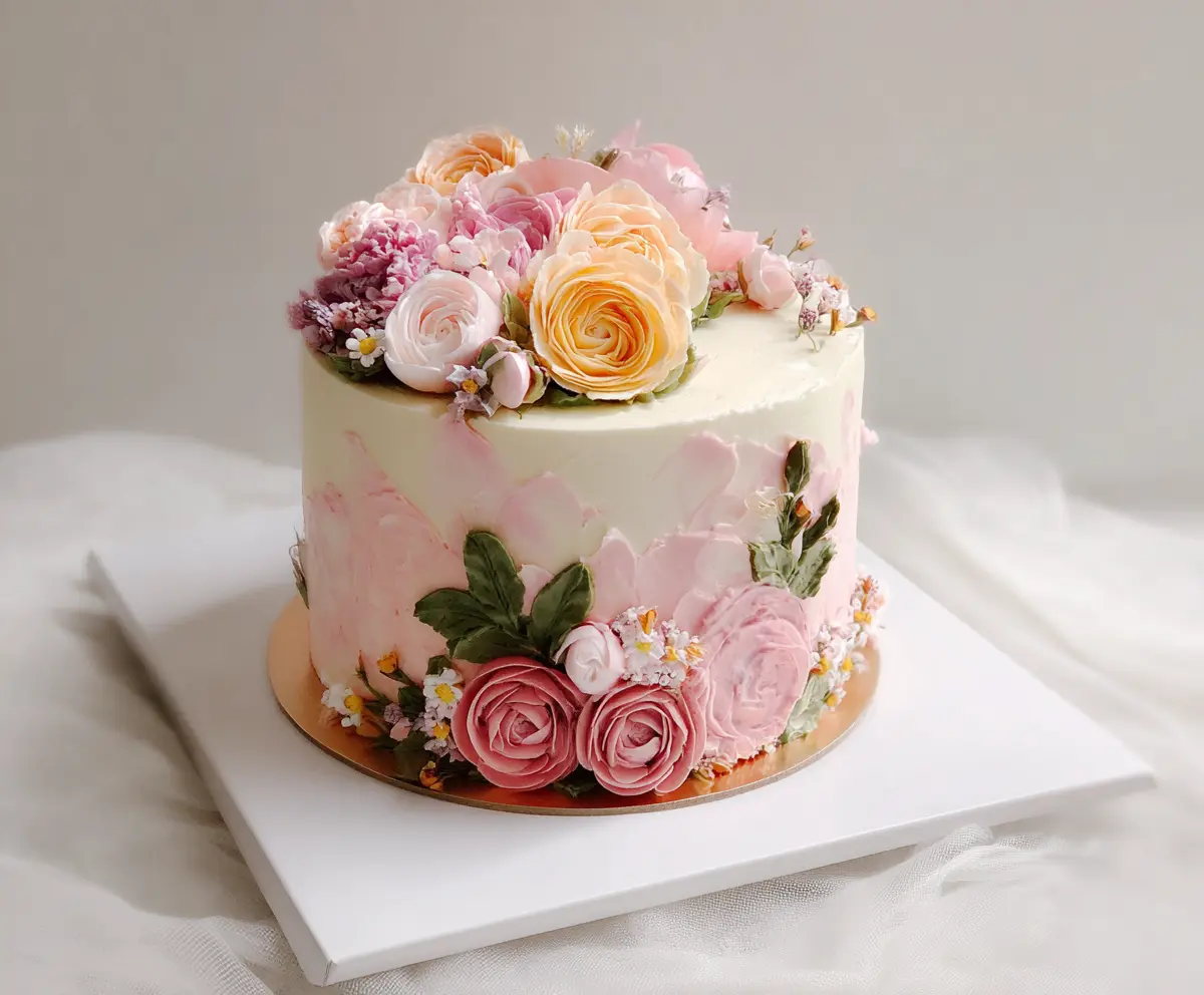 Elegant floral cake decorated with colorful edible flowers for a beautiful celebration dessert.