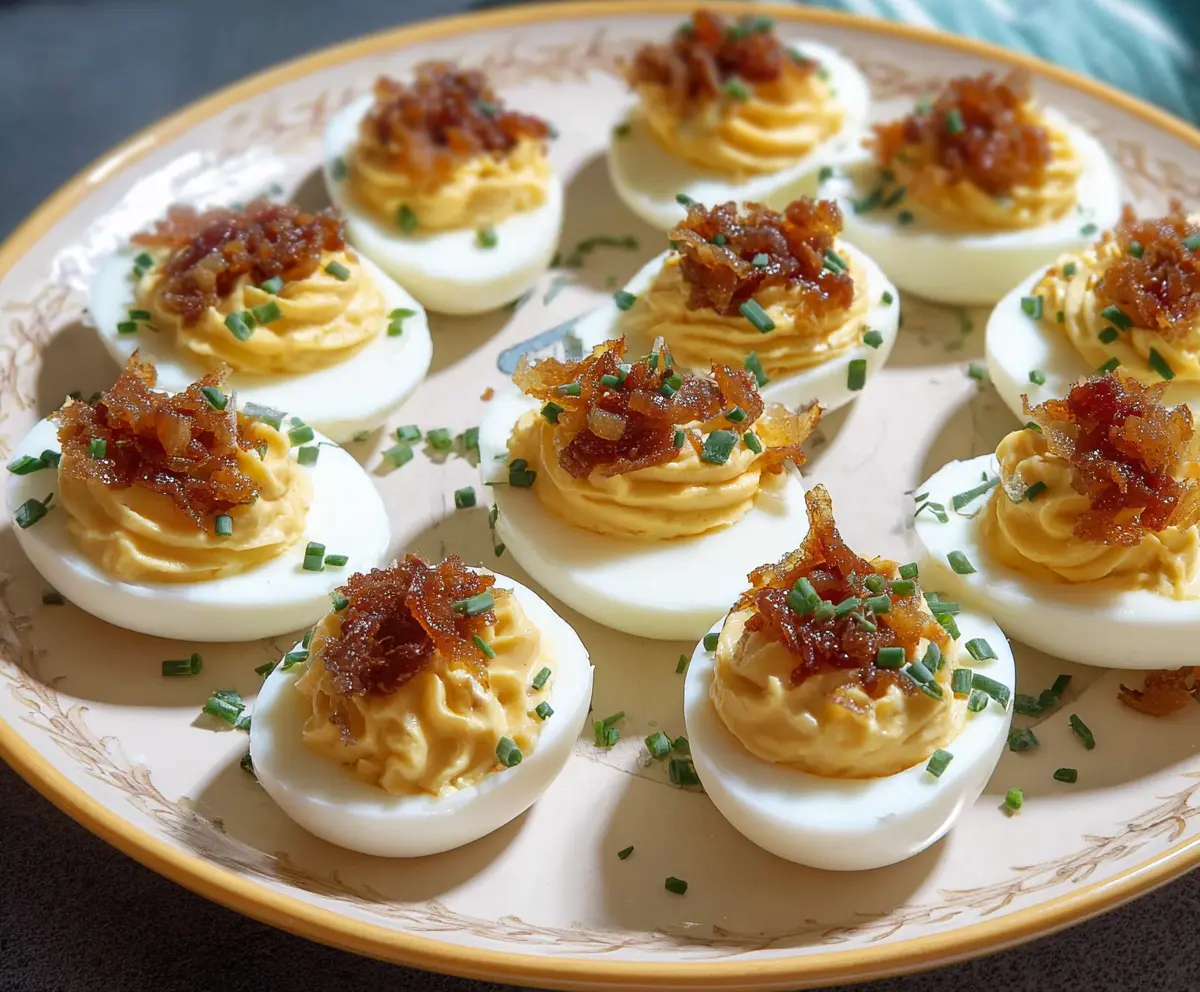 Creamy French Onion Deviled Eggs garnished with fresh herbs, perfect for appetizers and party snacks.