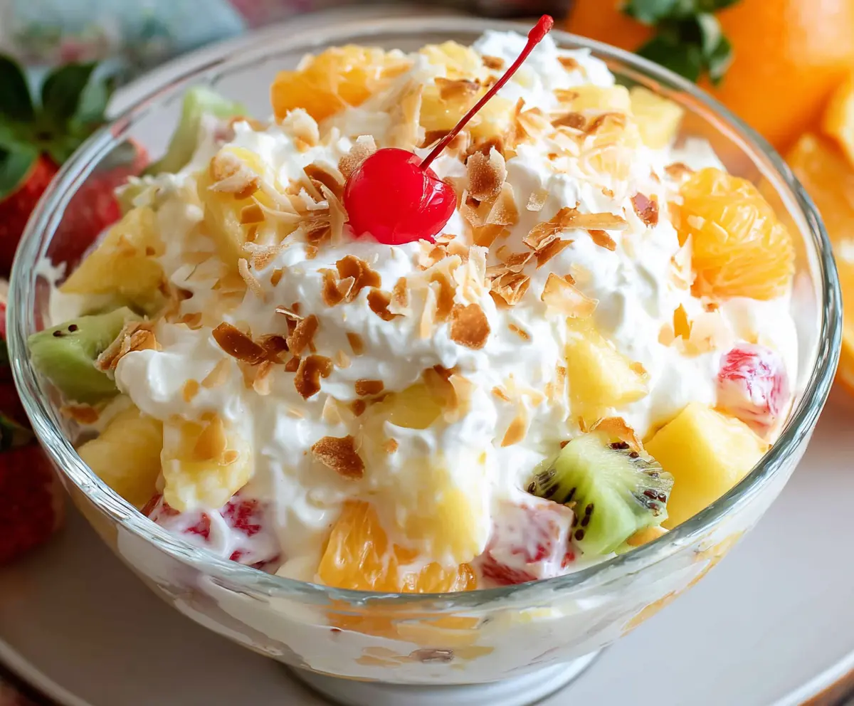Delicious Hawaiian Cheesecake Salad with fresh fruit and creamy topping served in a glass bowl.