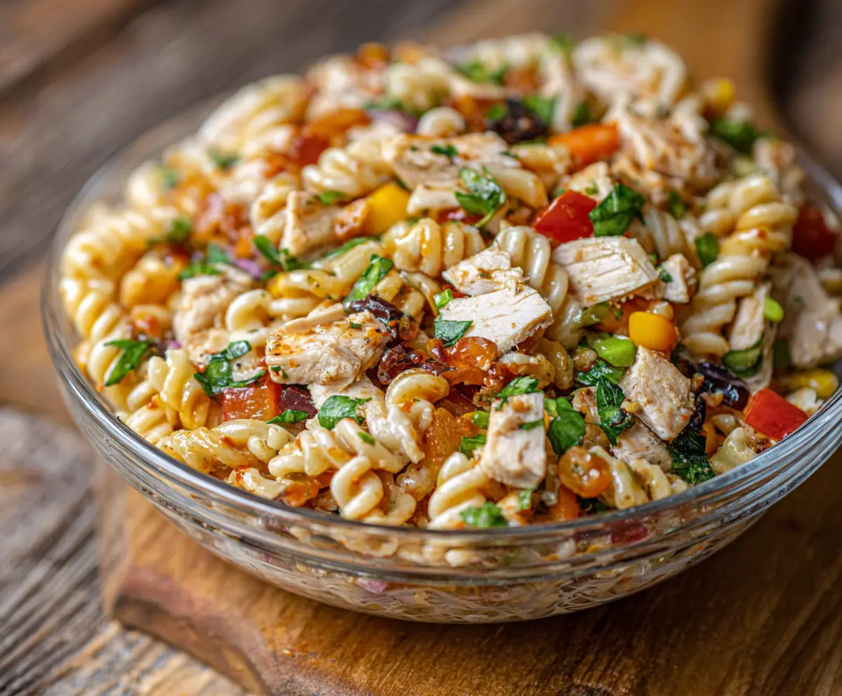 Healthy high protein BBQ chicken pasta salad with colorful vegetables and fresh herbs.