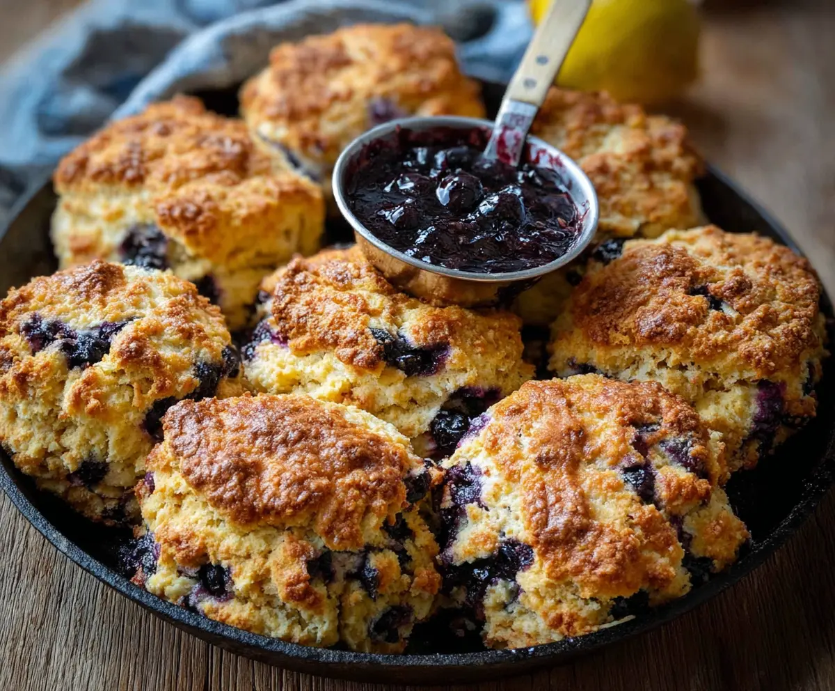 Golden Lemon Blueberry Sourdough Discard Biscuits on a rustic plate with fresh blueberries and lemon slices.