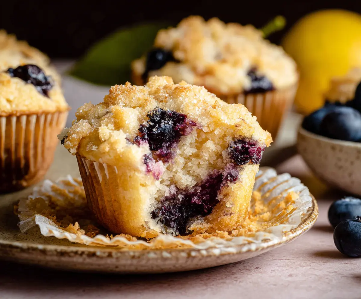 Delicious lemon blueberry sourdough muffins with fresh blueberries and zesty lemon twist.
