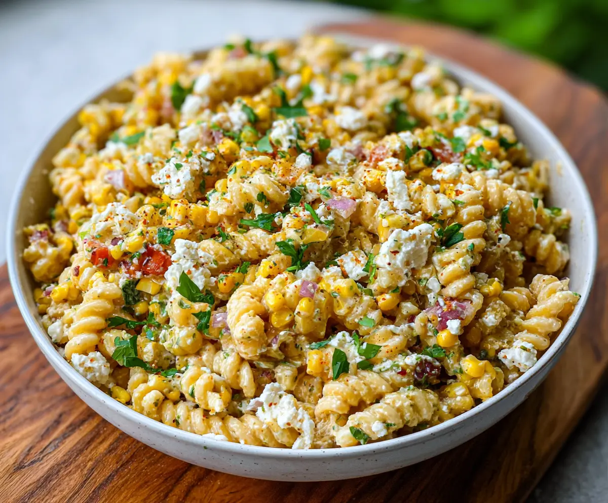 Delicious Mexican Street Corn Pasta Salad with fresh lime, cotija cheese, and cilantro garnishes.