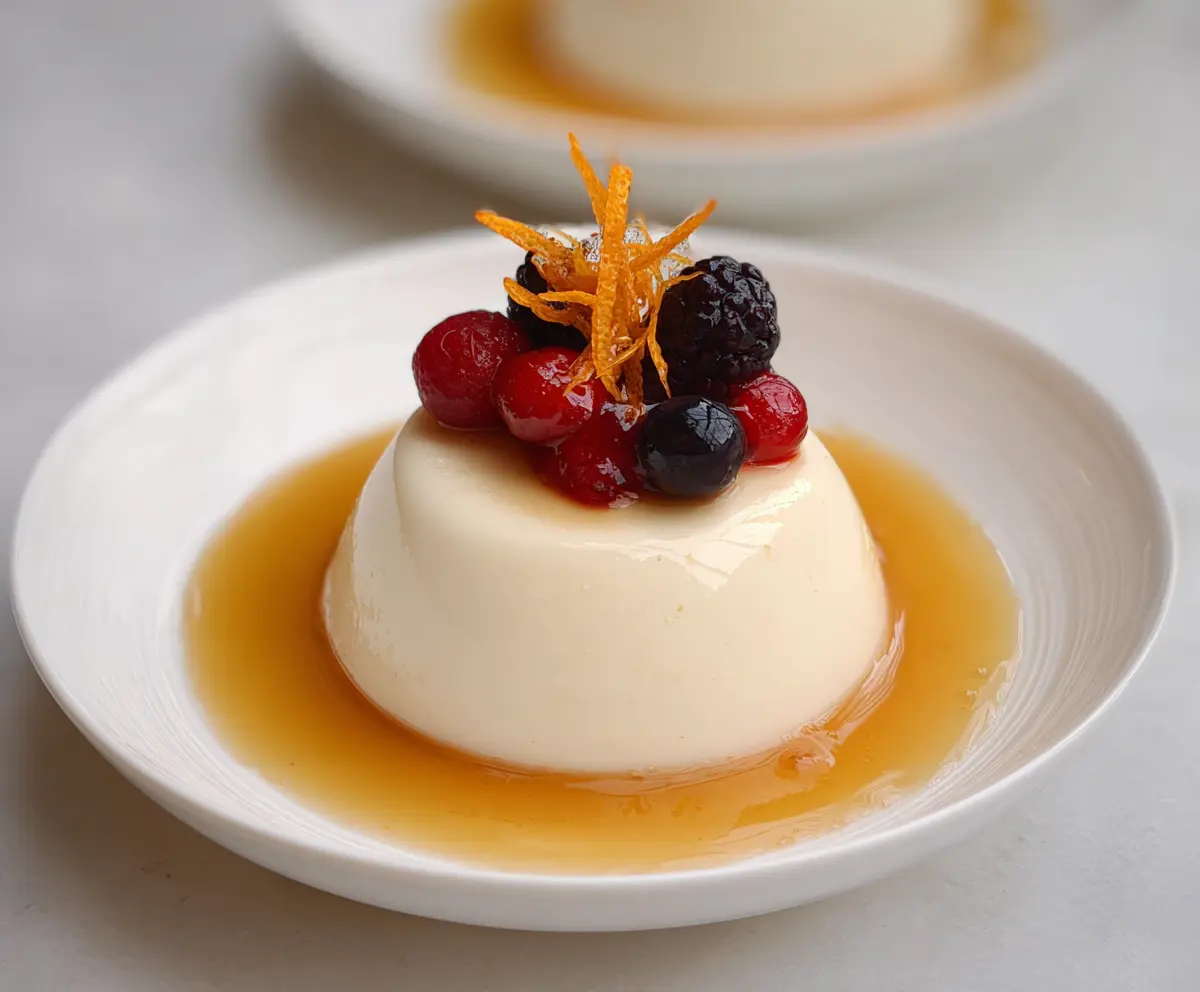 Creamy orange blossom honey panna cotta topped with vibrant berry compote on a elegant dessert plate.