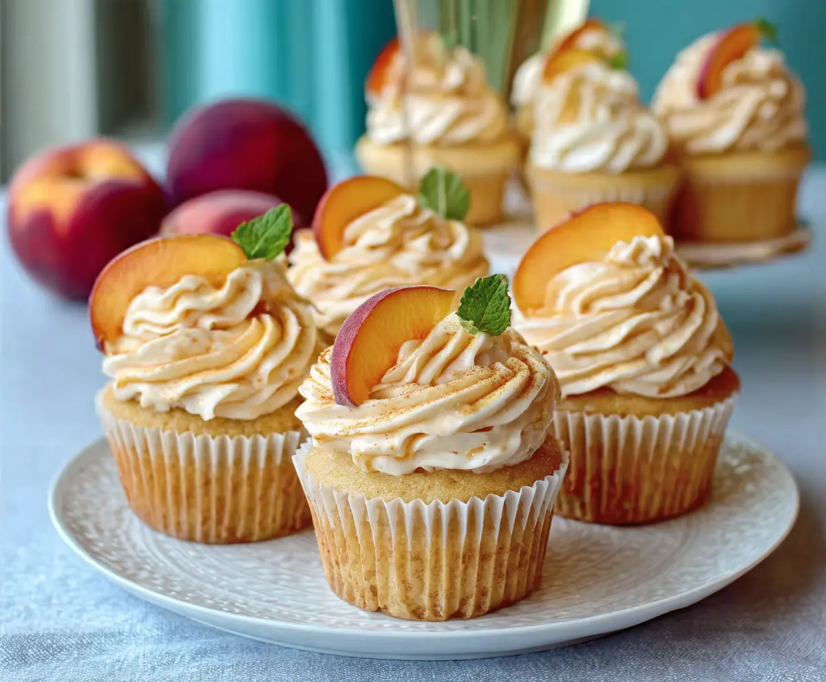 Delicious Peach Bellini Cupcakes topped with fresh peach slices and bubbly frosting, perfect for summer celebrations.