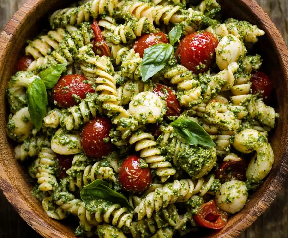 Colorful pesto pasta salad with fresh basil, cherry tomatoes, and mozzarella cheese in a bowl, perfect for summer gatherings.