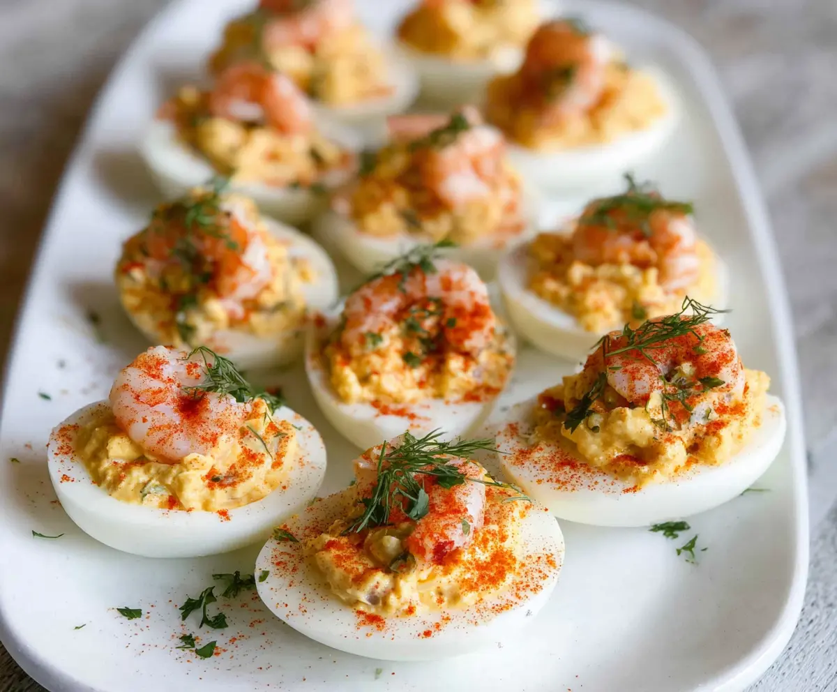 Delicious spicy crawfish deviled eggs garnished with fresh herbs on a white plate.
