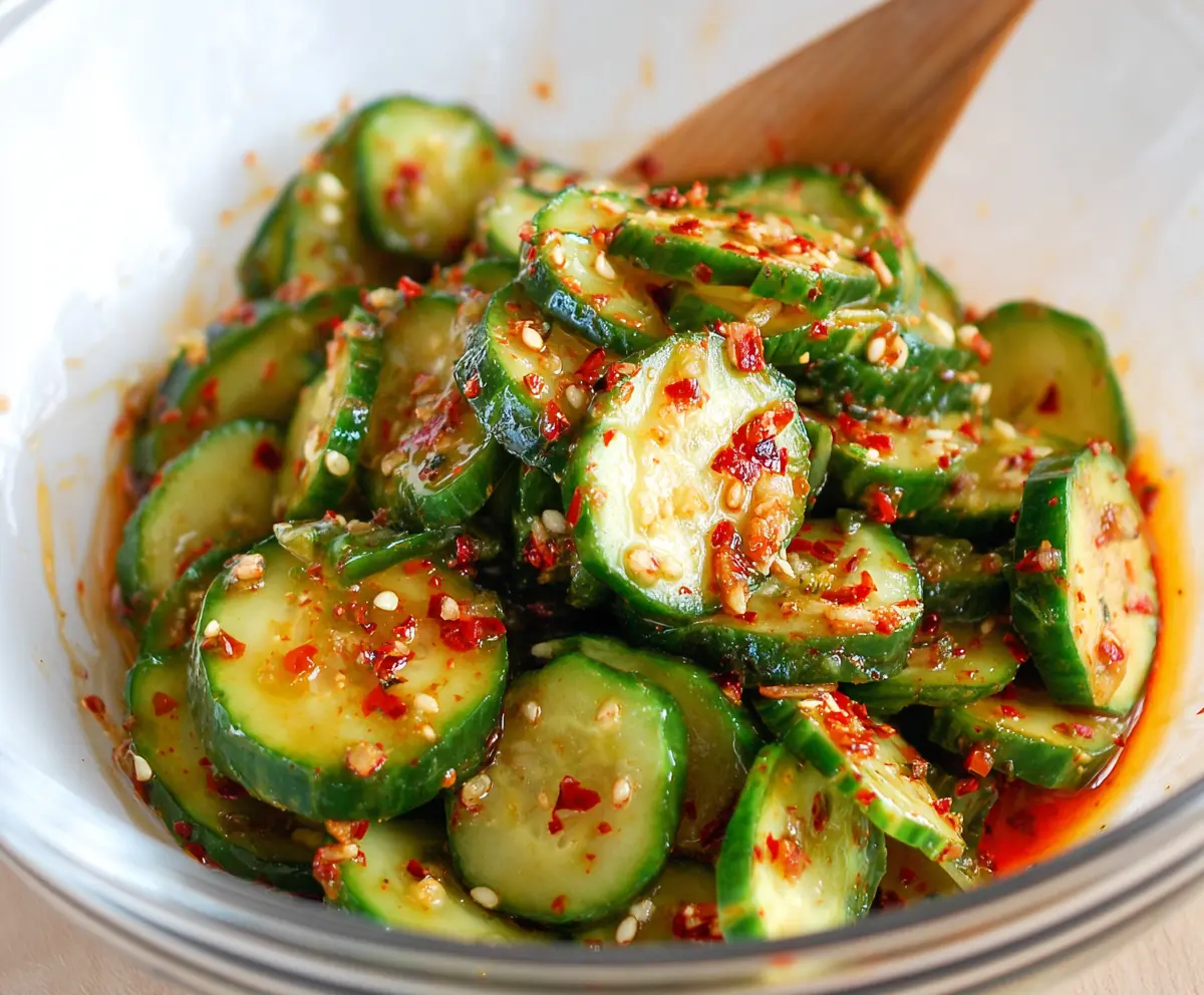 Fresh and crunchy spicy cucumber salad garnished with herbs and chili flakes.