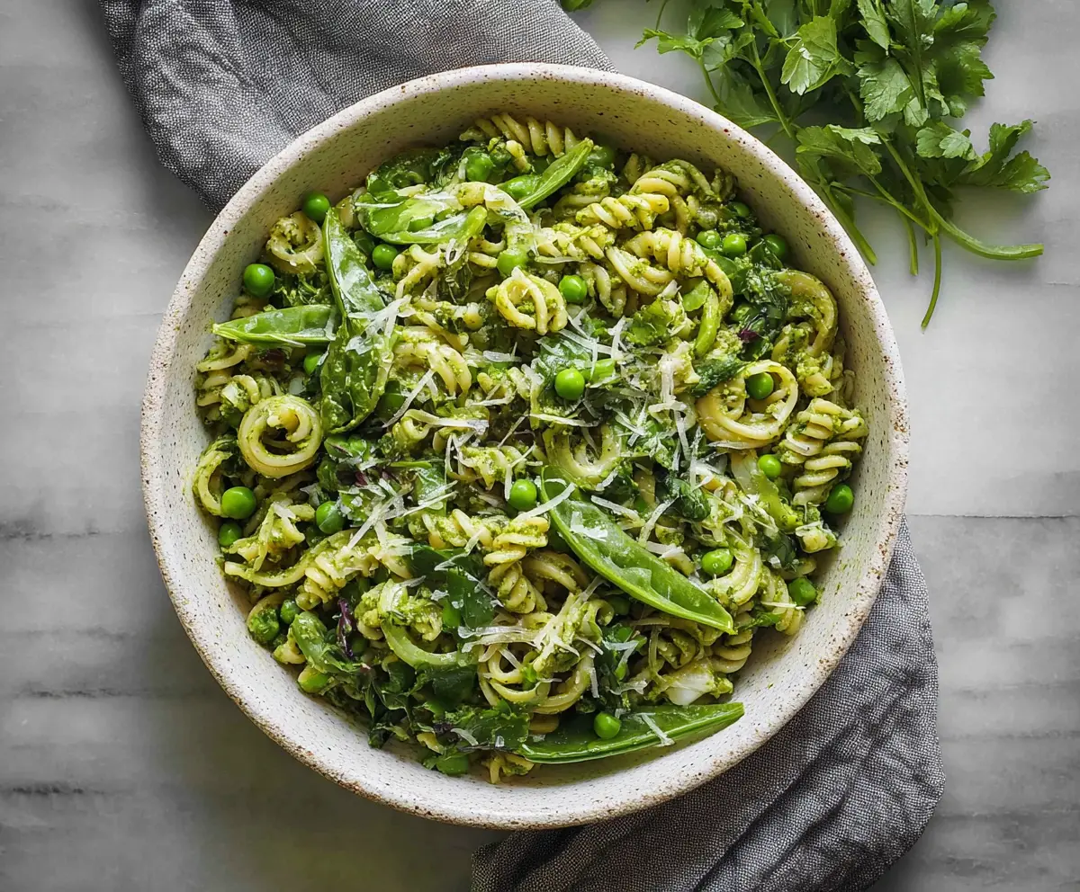 Fresh spring pea pesto pasta with basil and parmesan cheese on a white plate.