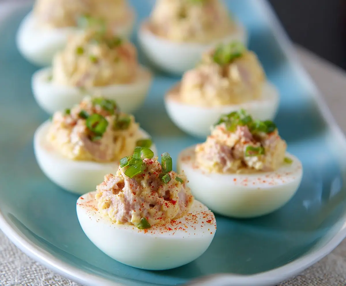 Delicious Tuna Deviled Eggs garnished with herbs, perfect for appetizers or brunch.