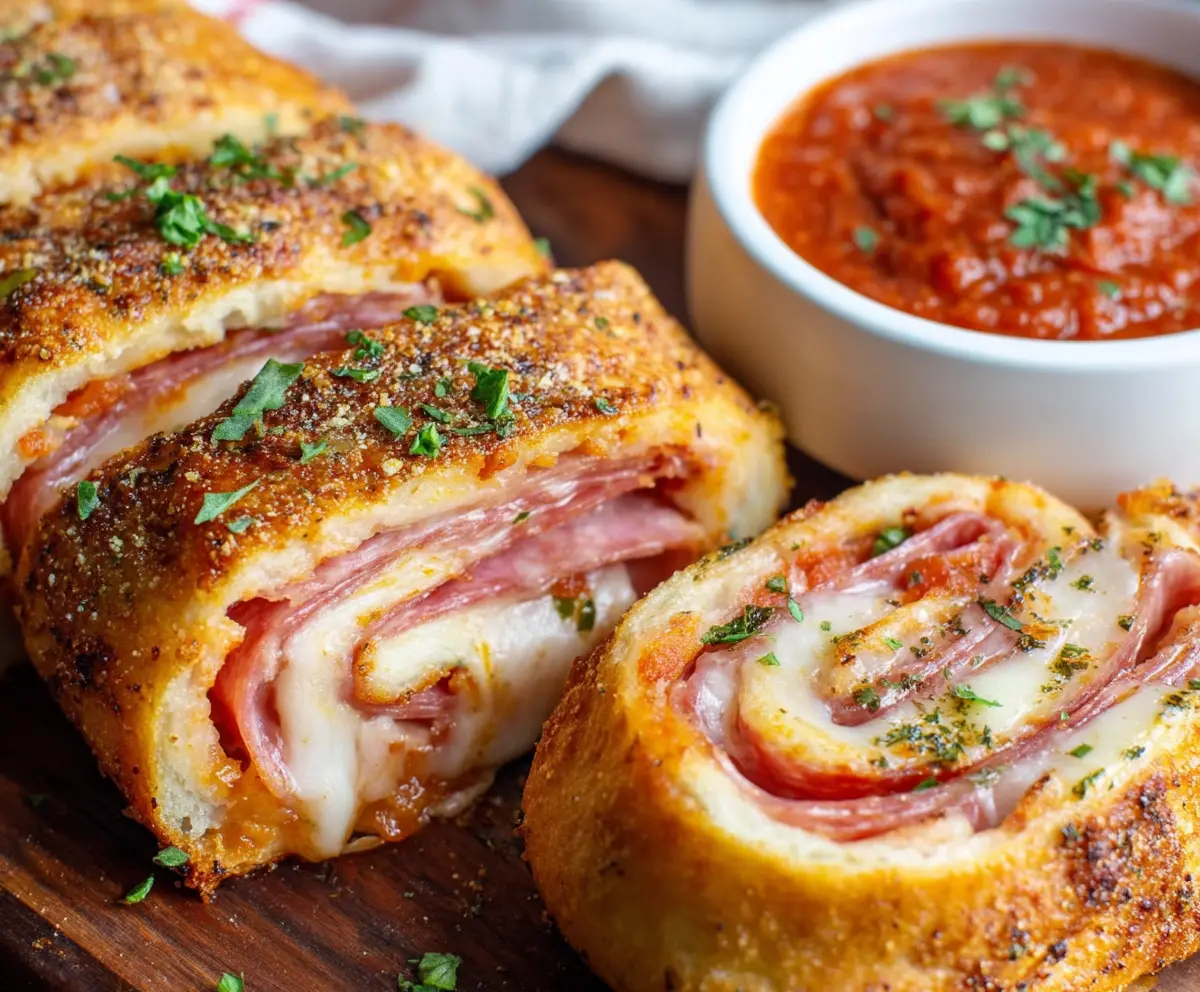 Delicious homemade Easy Stromboli with melted cheese and savory fillings on a baking sheet.