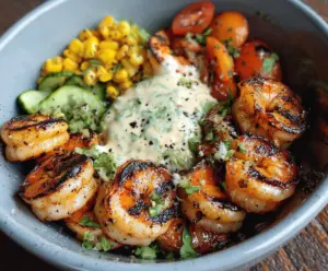 Grilled Shrimp Bowl Recipe with Creamy Garlic Sauce and Seafood Dishes
