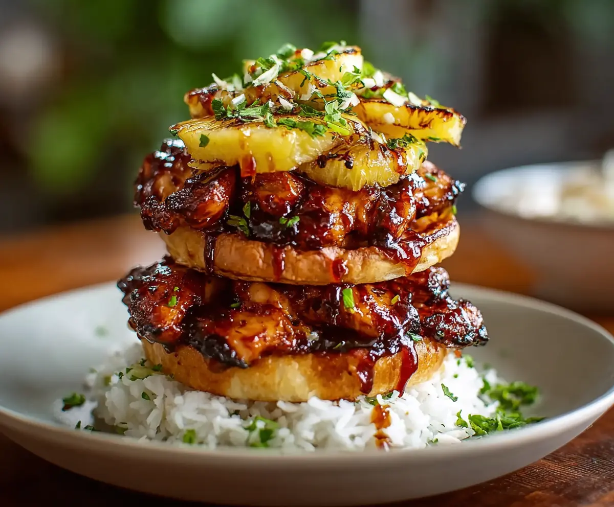 Tender Hawaiian Huli Huli Chicken Stack with pineapple and vegetables on a plate