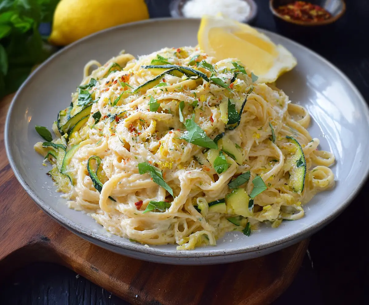 Creamy lemon ricotta pasta topped with fresh zucchini ribbons, perfect for a light and flavorful meal.