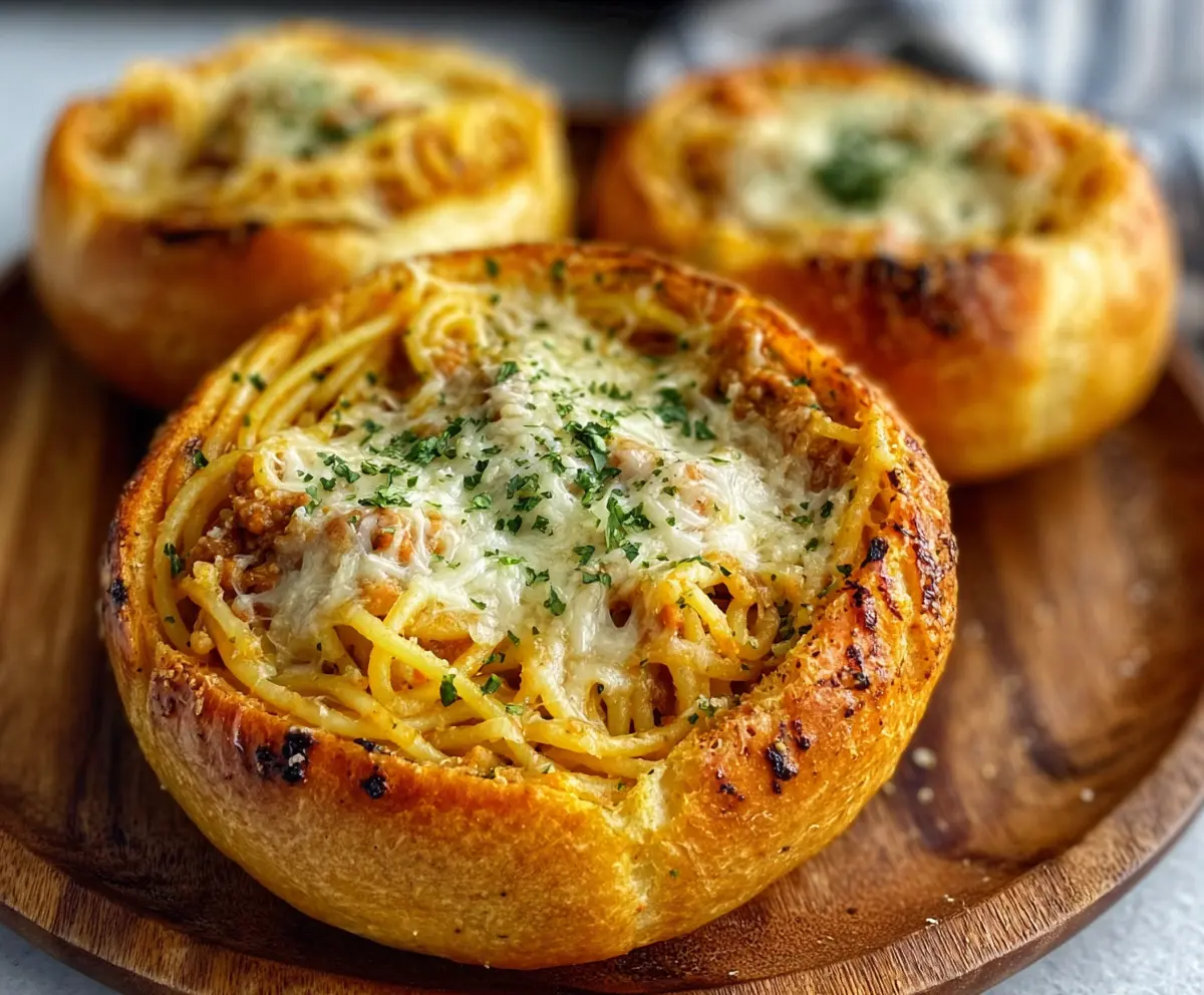 Delicious spaghetti served in garlic bread bowls, garnished with herbs for a flavorful meal