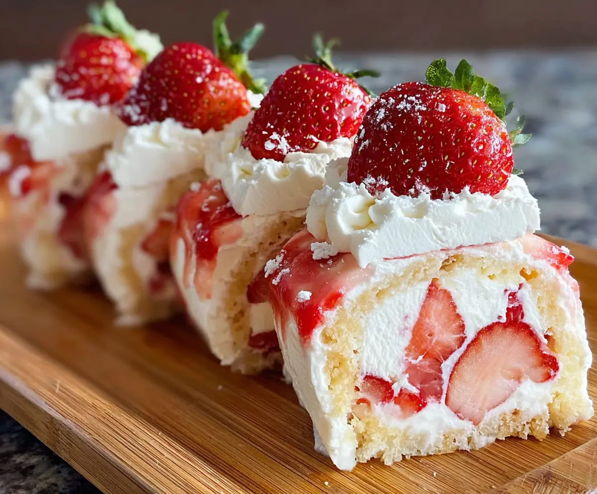 Delicious strawberry shortcake cheesecake sushi rolls with fresh strawberries and creamy cheesecake filling