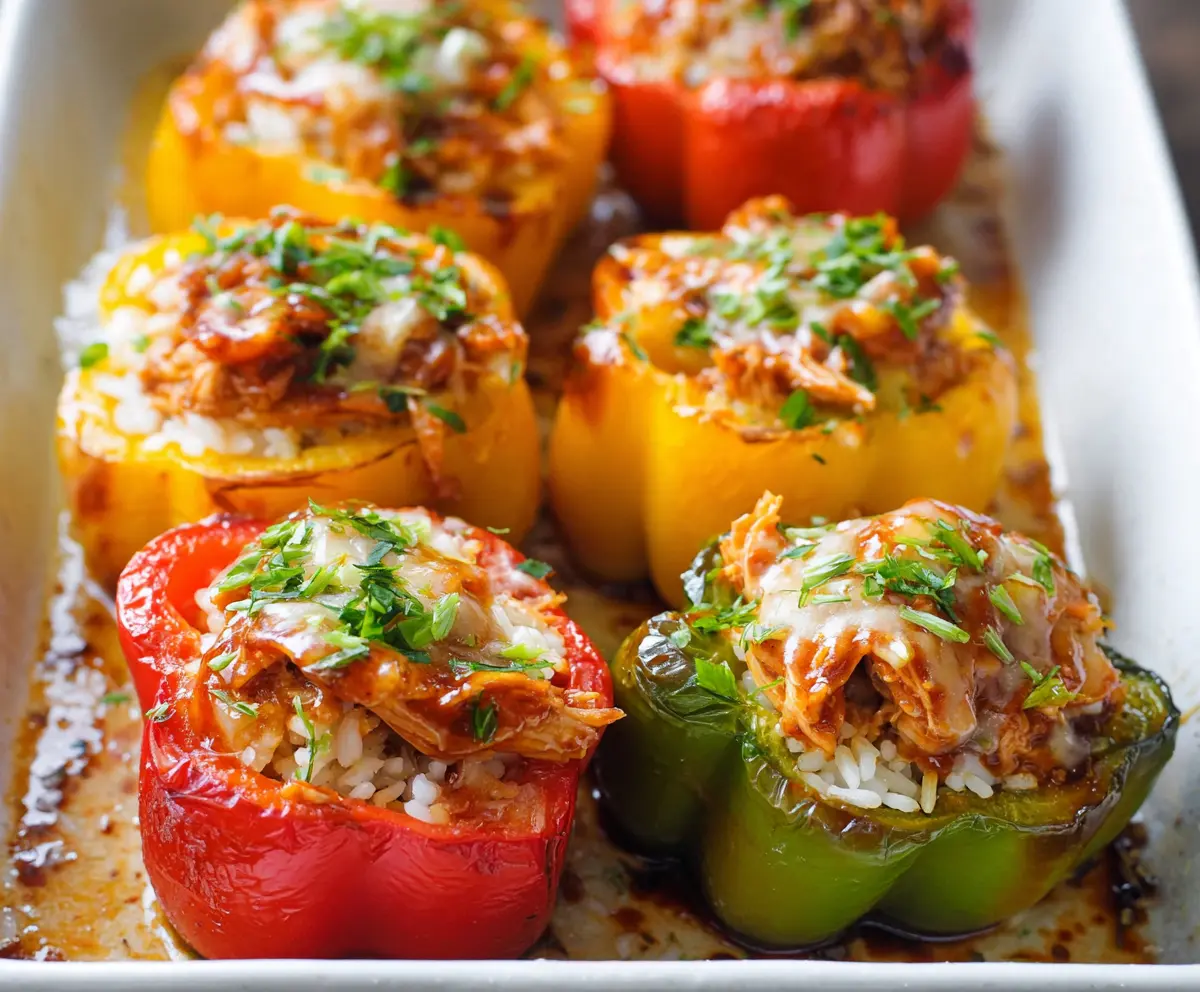 Colorful stuffed peppers filled with teriyaki pineapple chicken and rice, topped with fresh herbs.