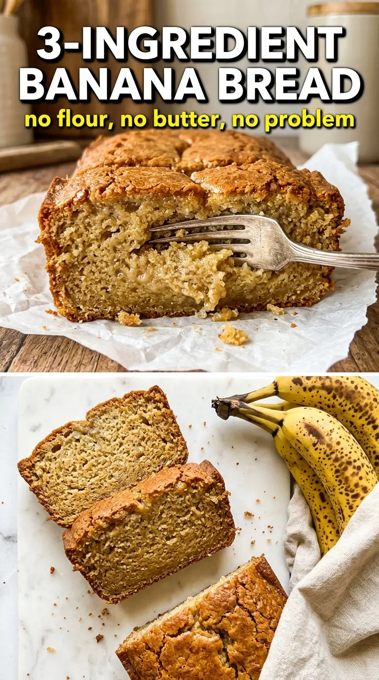 3-Ingredient Banana Bread tender crumb, golden loaf