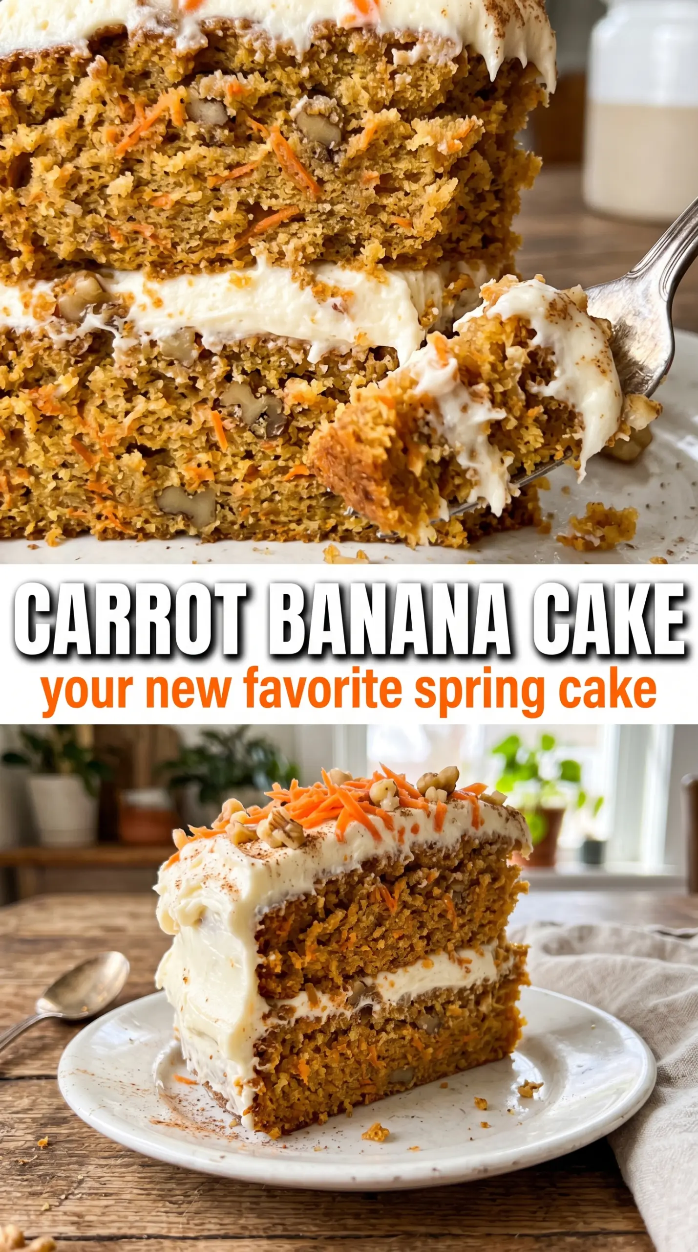 Carrot Banana Cake with cream cheese frosting, moist spiced layers