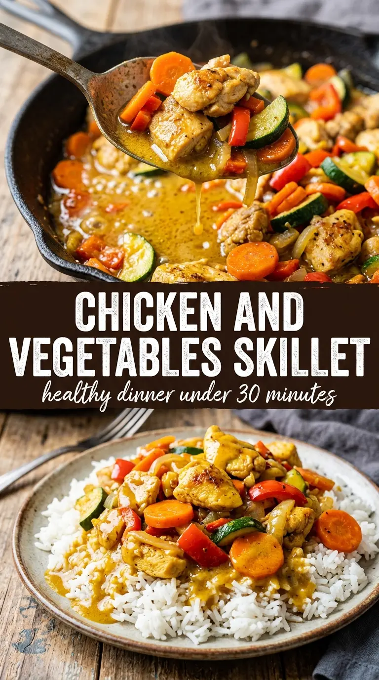 Chicken and Vegetables Skillet with golden chicken, charred vegetables, garlic herb sauce