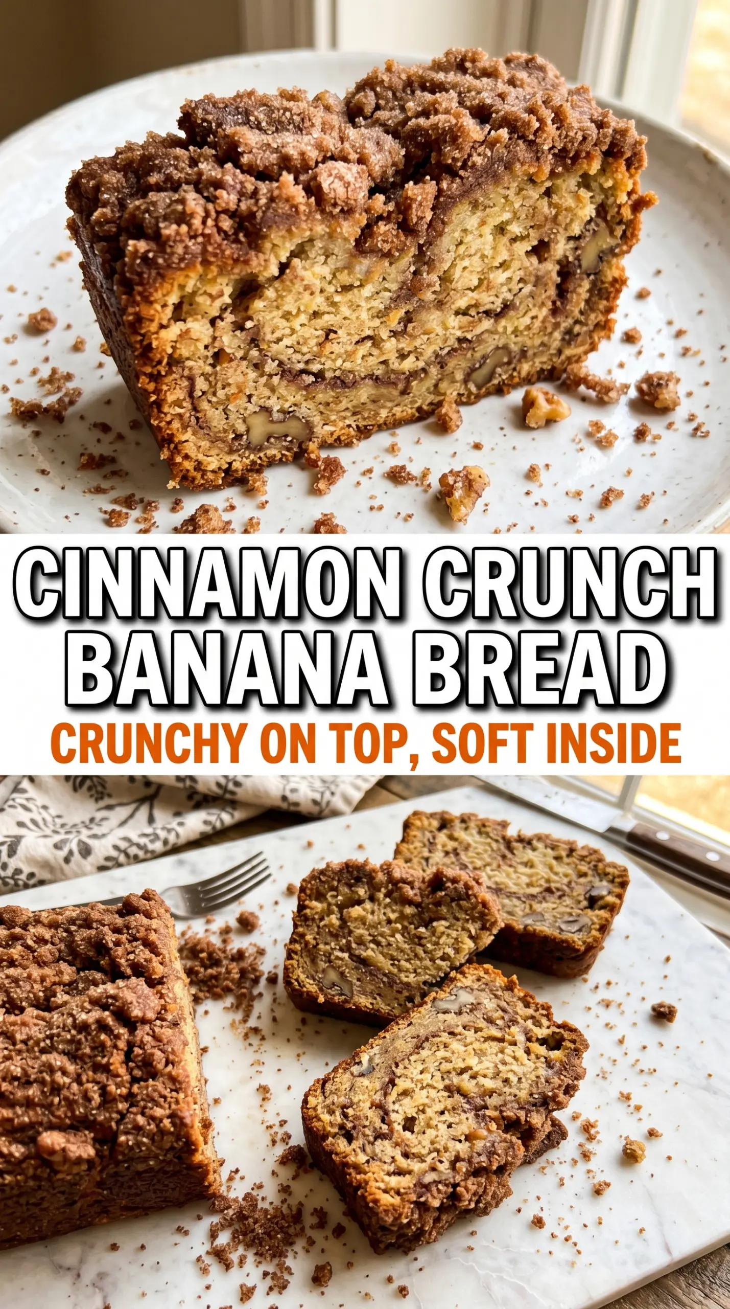 Cinnamon Crunch Banana Bread with crunchy topping, moist crumb, bakery-style loaf